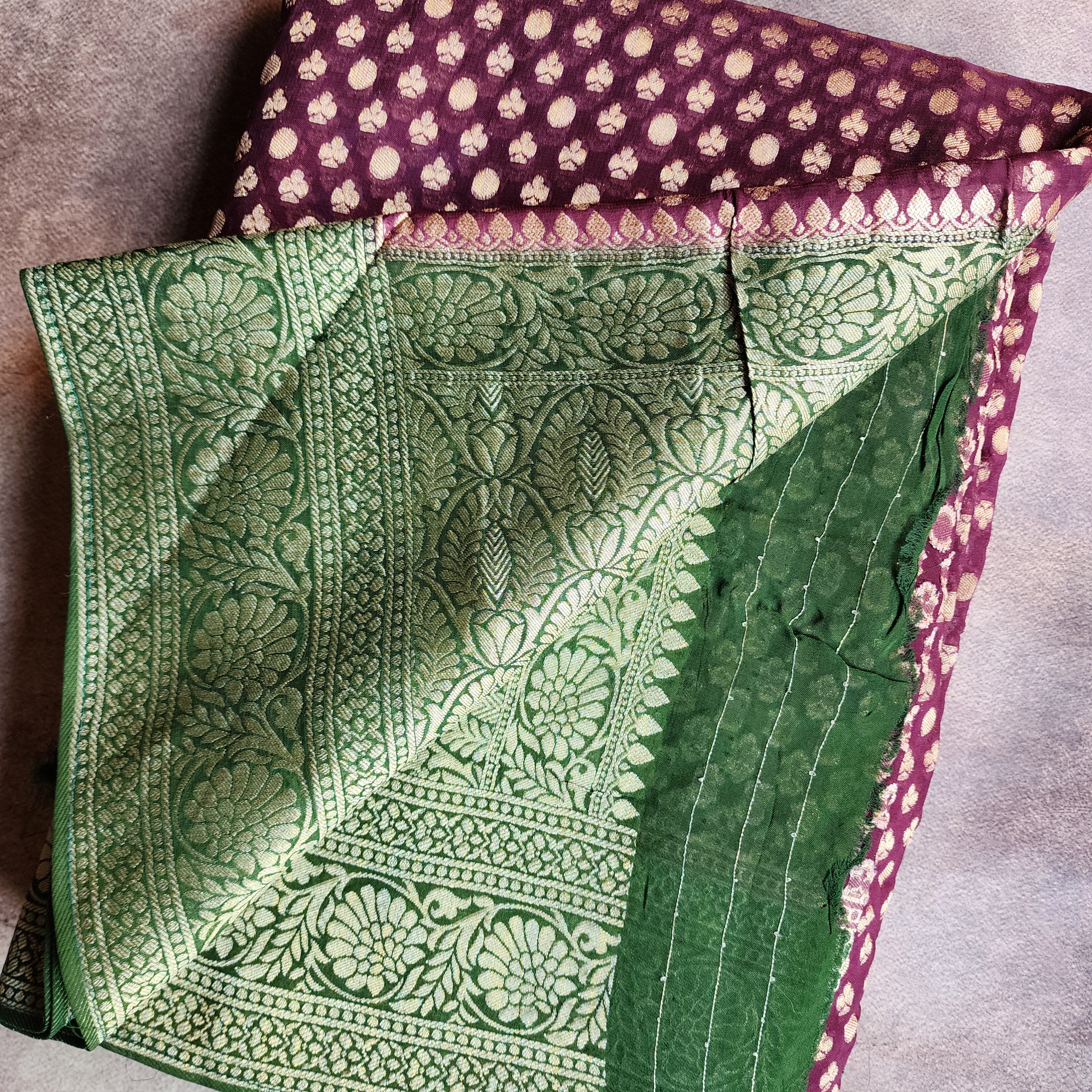 Purple Khaddi Georgette Pure Banarasi Saree with Green Border