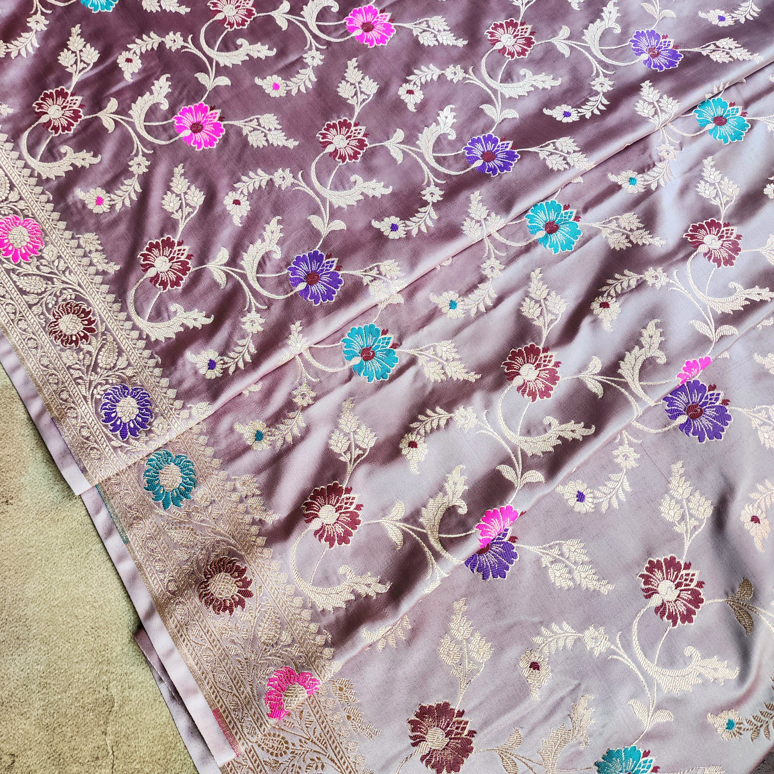 Enriched Banarasi Katan Silk Saree | Lavender Mist Multicolor Meenakari Floral Jaal