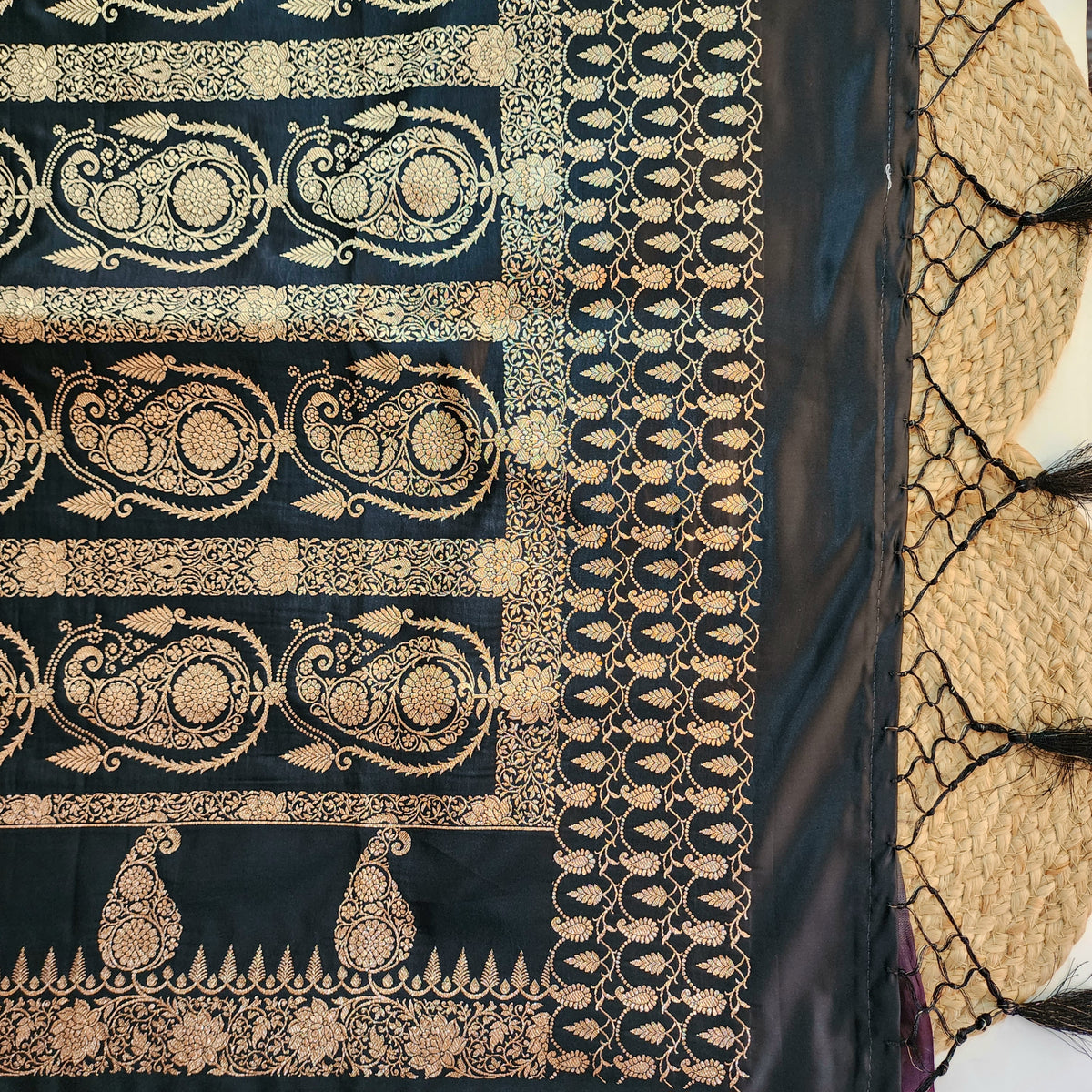 Black Paisley Katan Silk Saree with Gold Zari