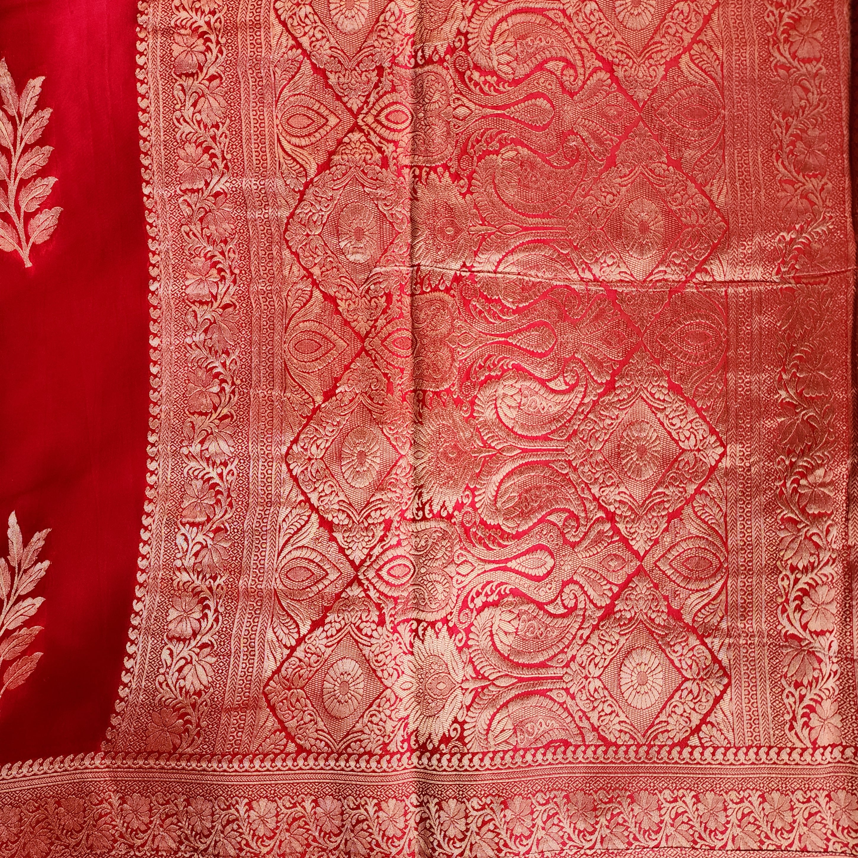 Bright Red Mashru Katan Silk Saree with Gold Weave