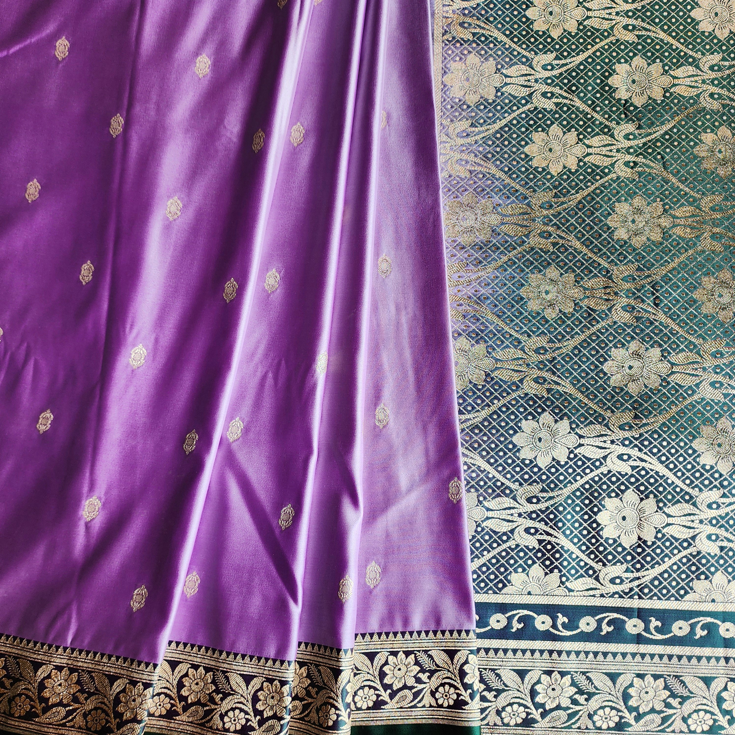 Lavender Katan Silk Saree with Emerald Green and Gold Zari Border
