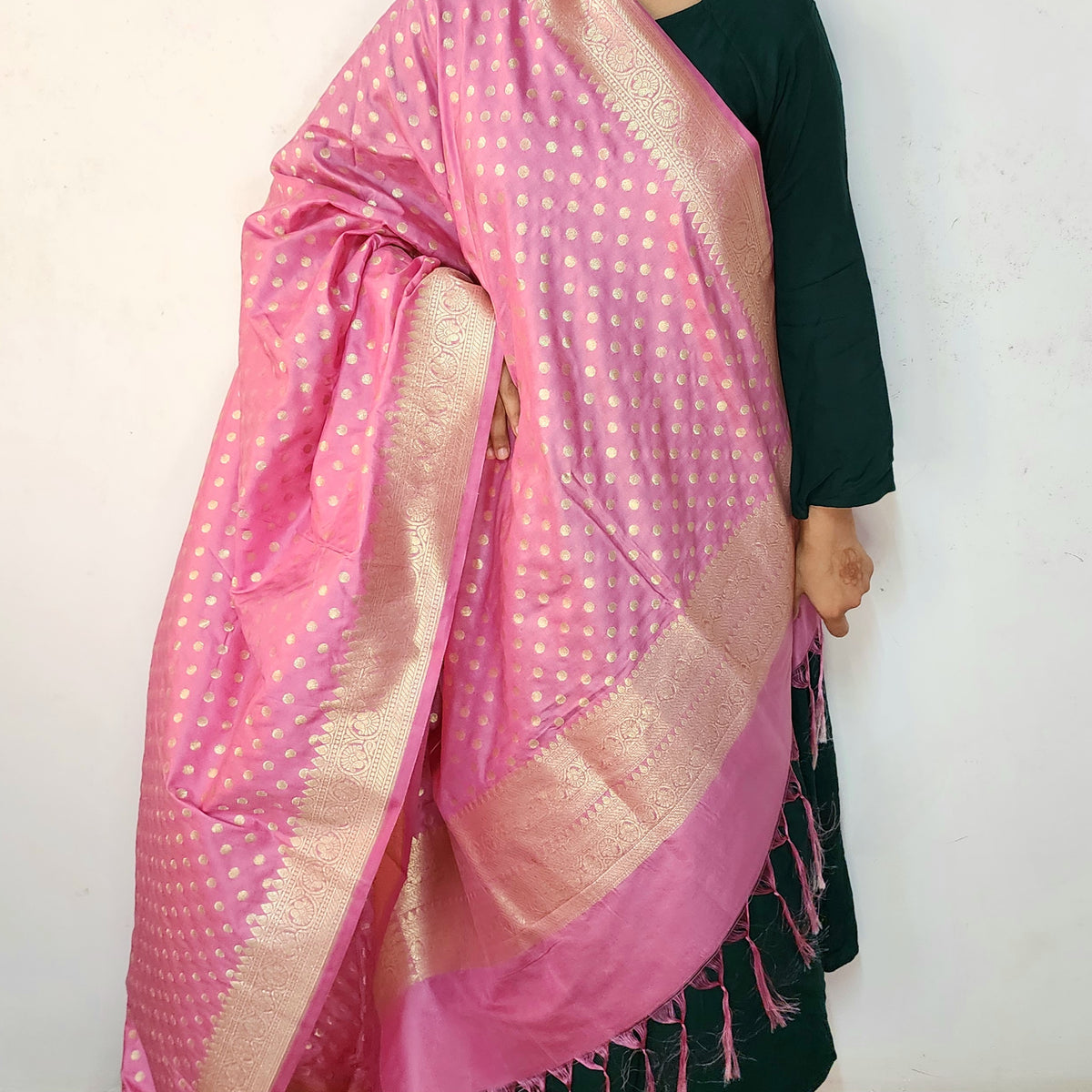 Dusty Rose Banarasi Silk Dupatta with Gold Polka Dot