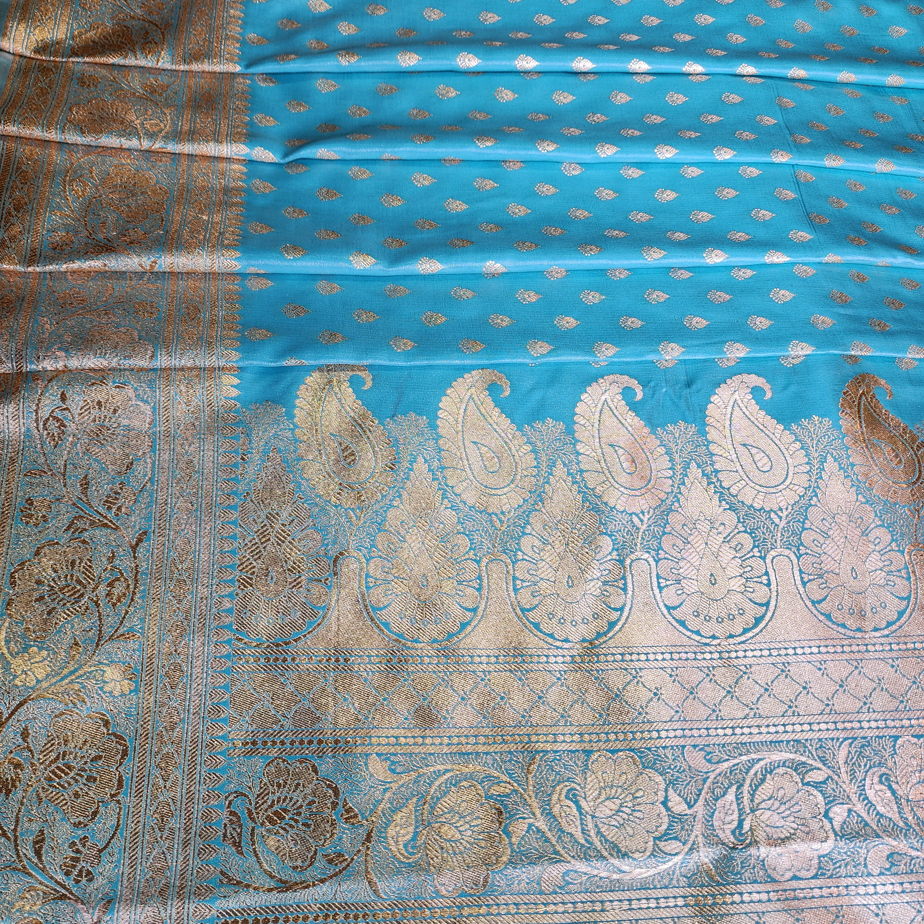 Rich Sky Blue Banarasi Silk Saree with Gold Zari Weaving