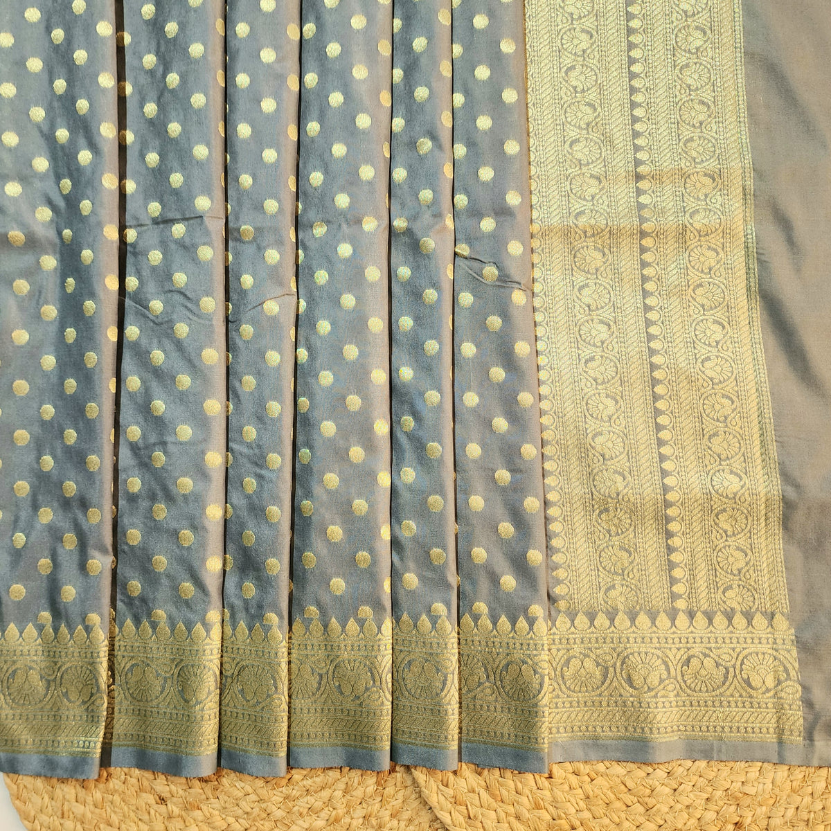 Slate Blue Banarasi Silk Dupatta with Gold Polka Dot