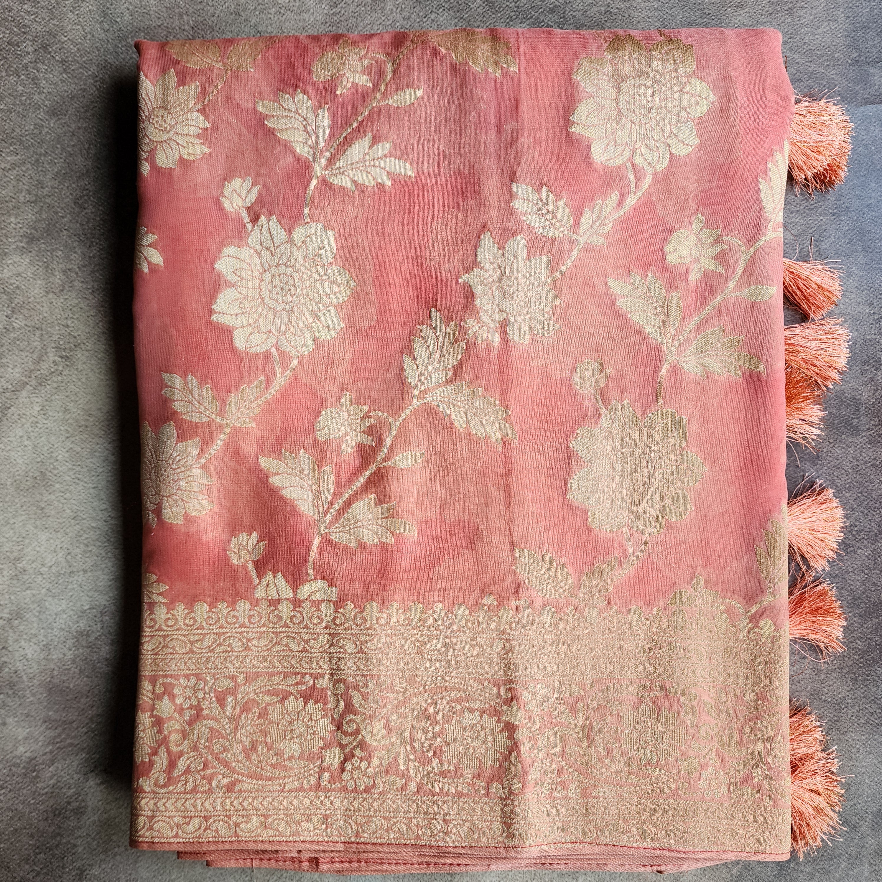 Khaddi Georgette Pure Banarasi Saree in Coral Shade