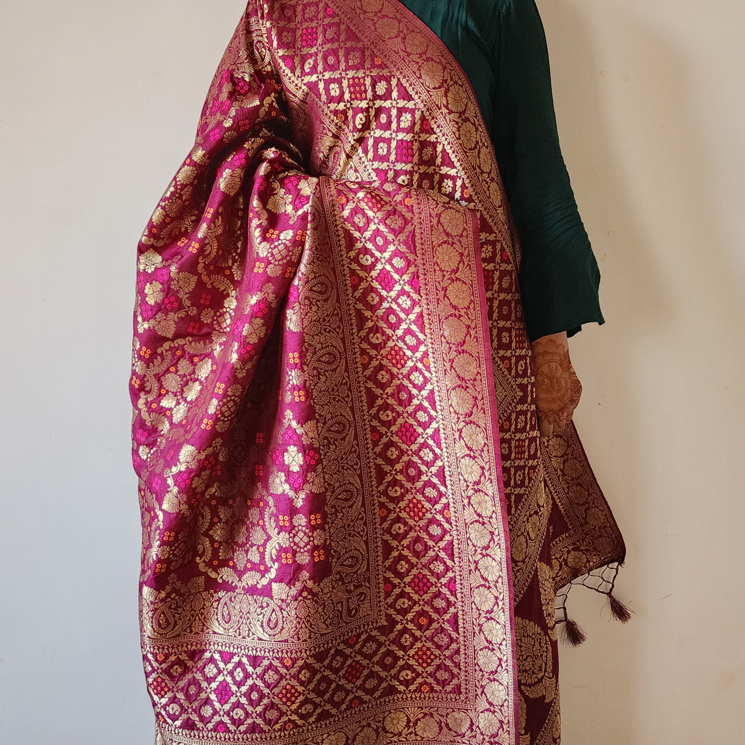Deep Plum Bandhani Dupatta with Floral and Geometric Zari Weave