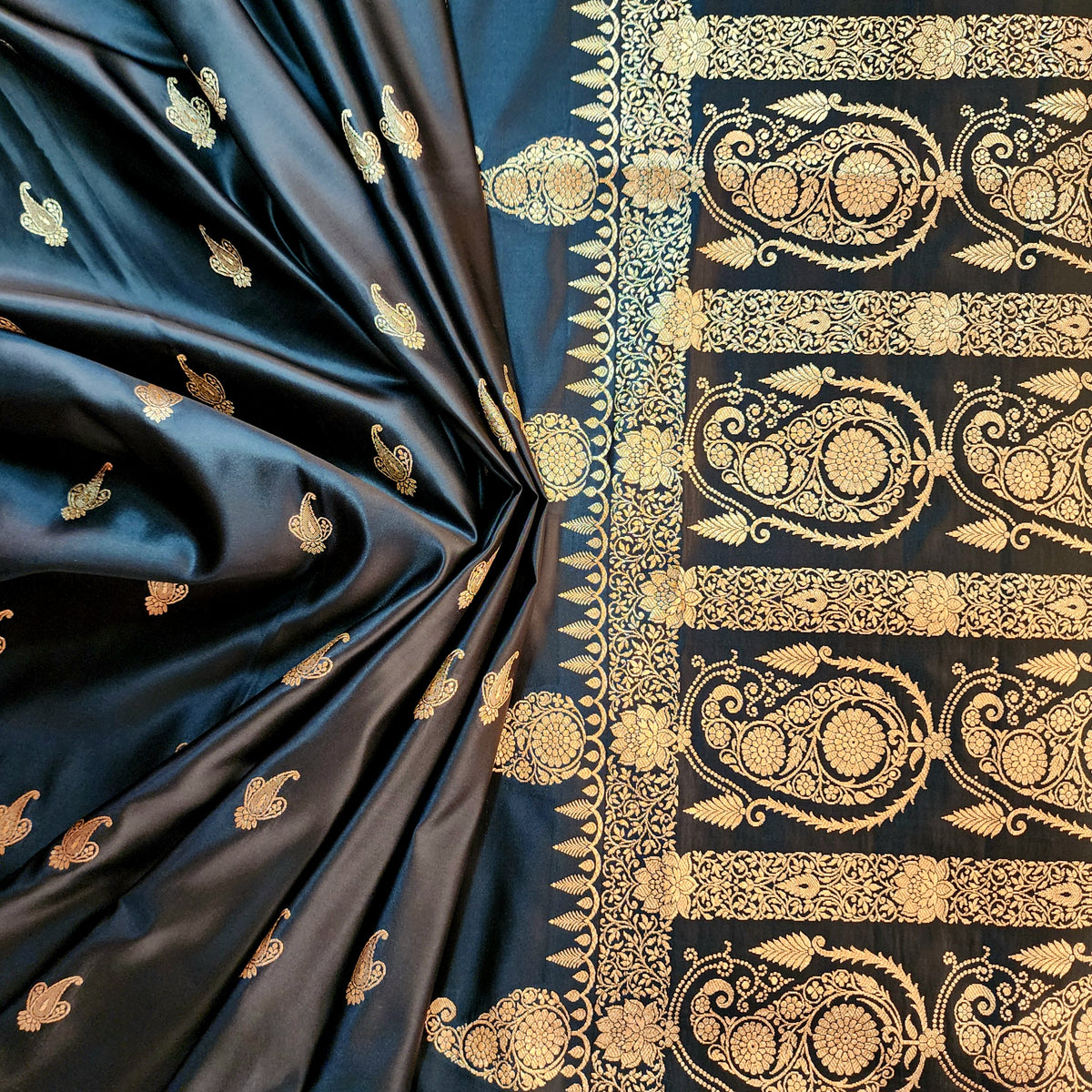 Black Paisley Katan Silk Saree with Gold Zari
