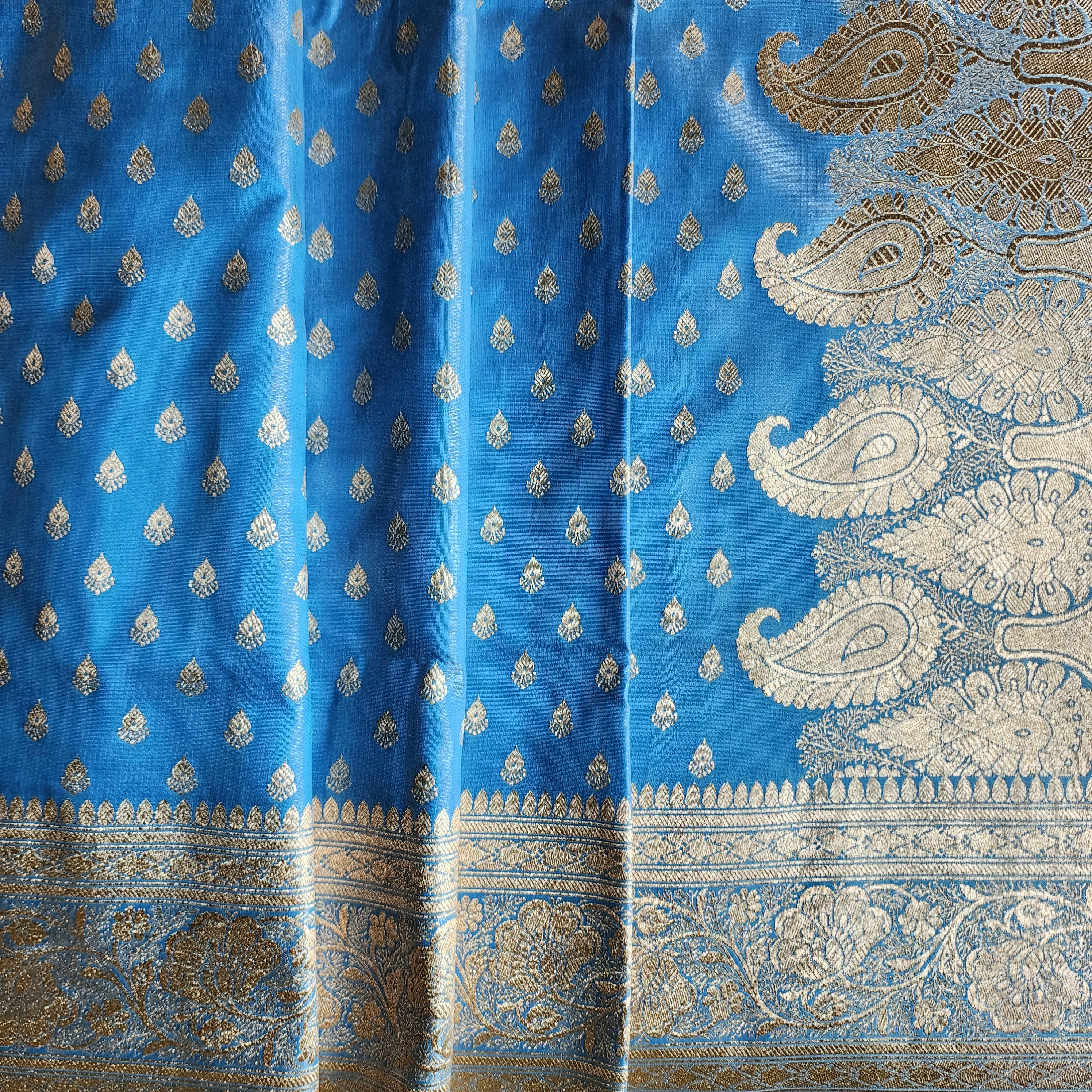 Rich Electric Blue Banarasi Silk Saree with Gold Zari Weaving