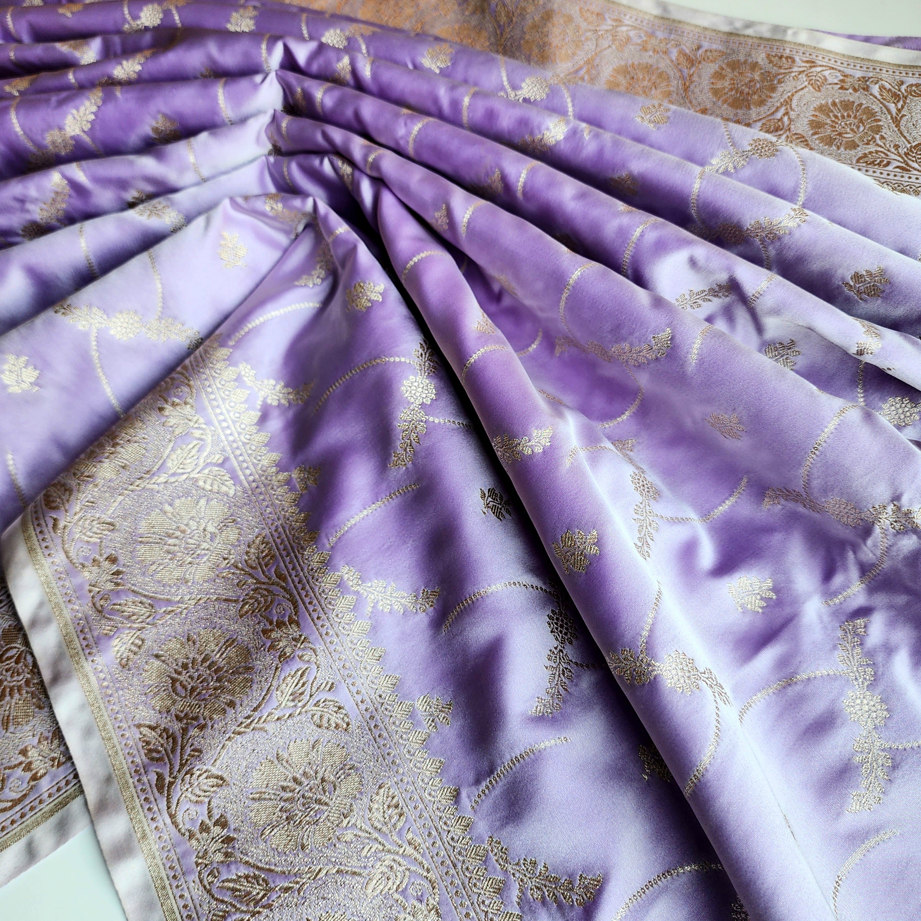 Pastel Lavender Grey Banarasi Katan Silk Saree with Light Gold Zari weaving