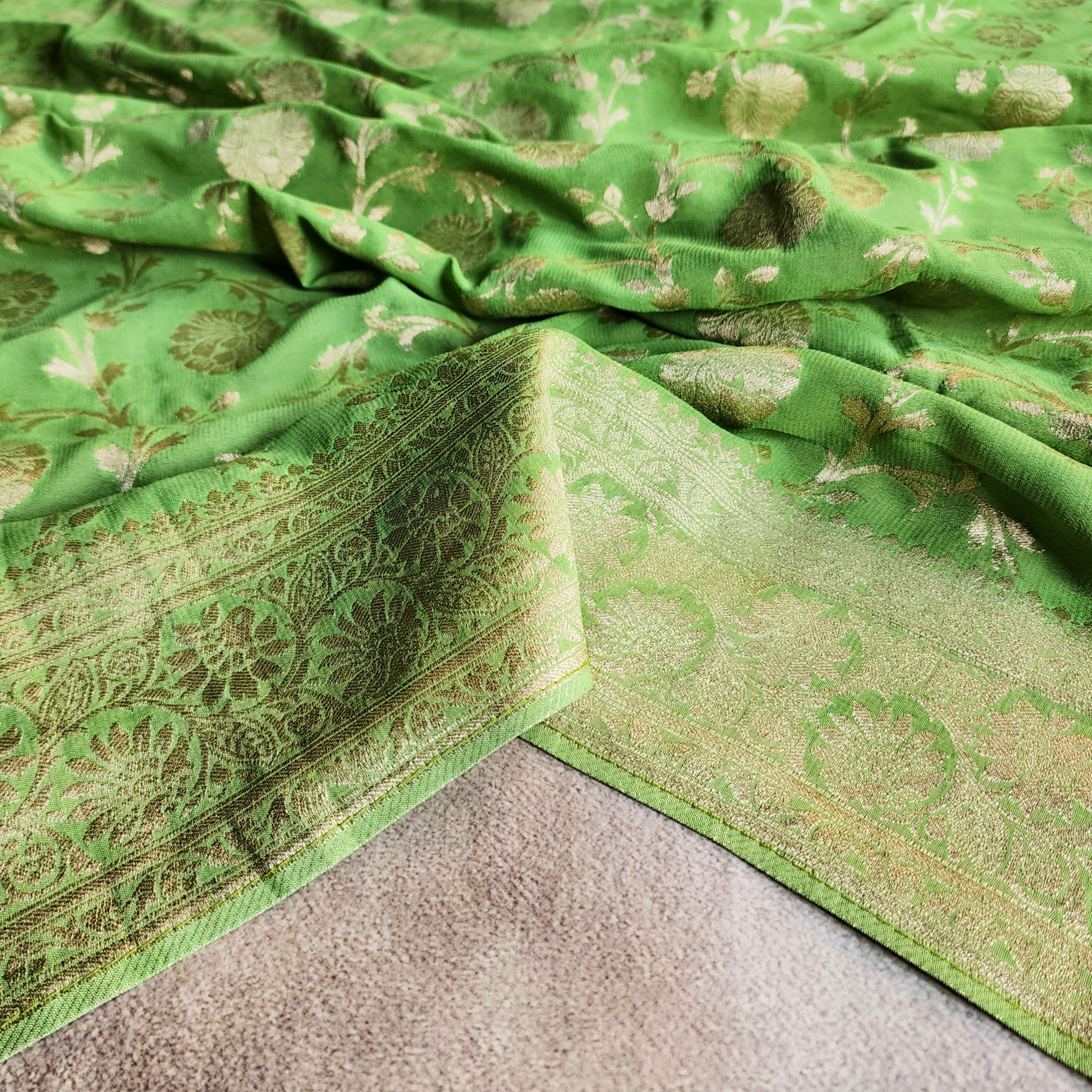 Khaddi Georgette Pure Banarasi Saree in Light Bottle Green