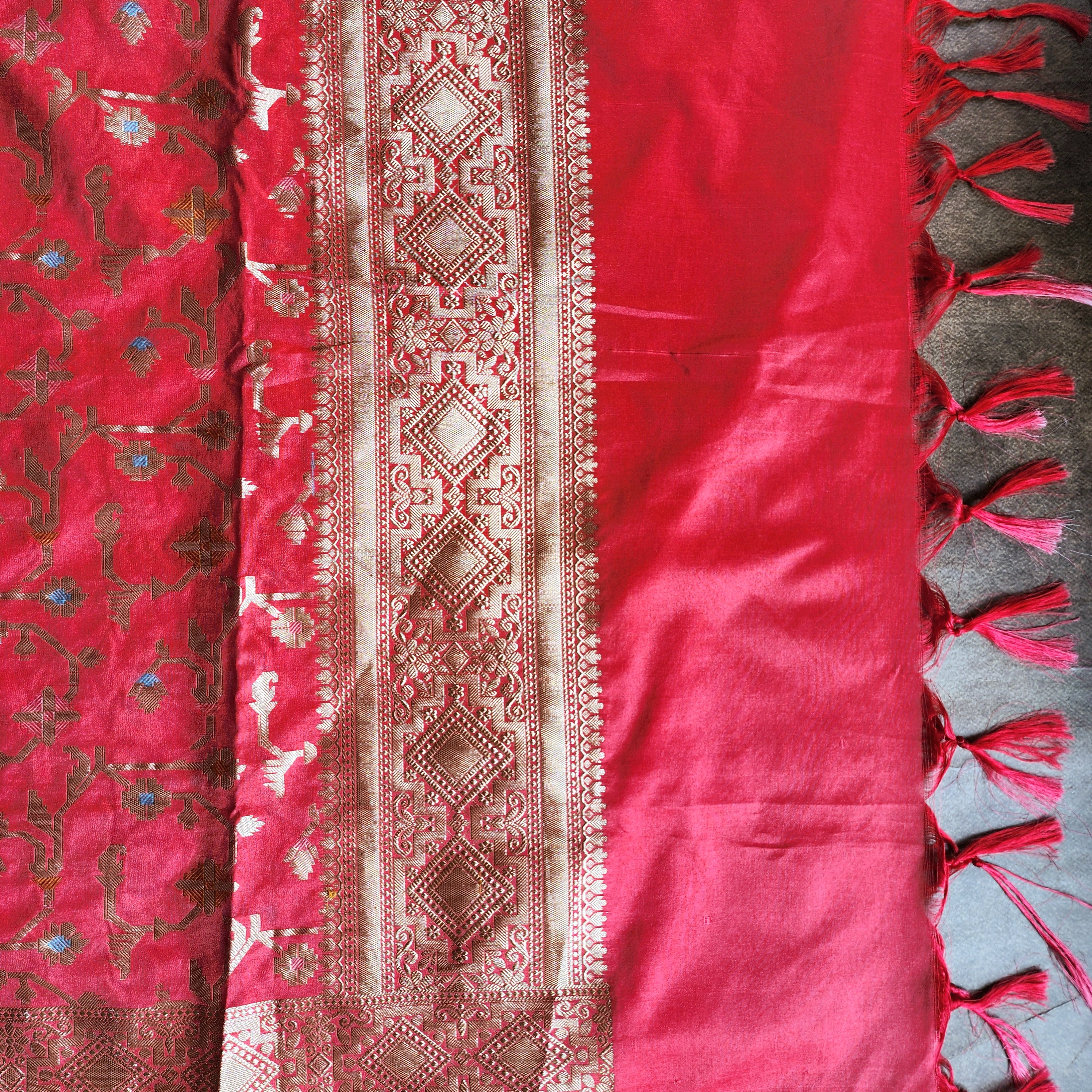Golden Grid Banarasi Silk Dupatta with Meenakari Work in Brick Red