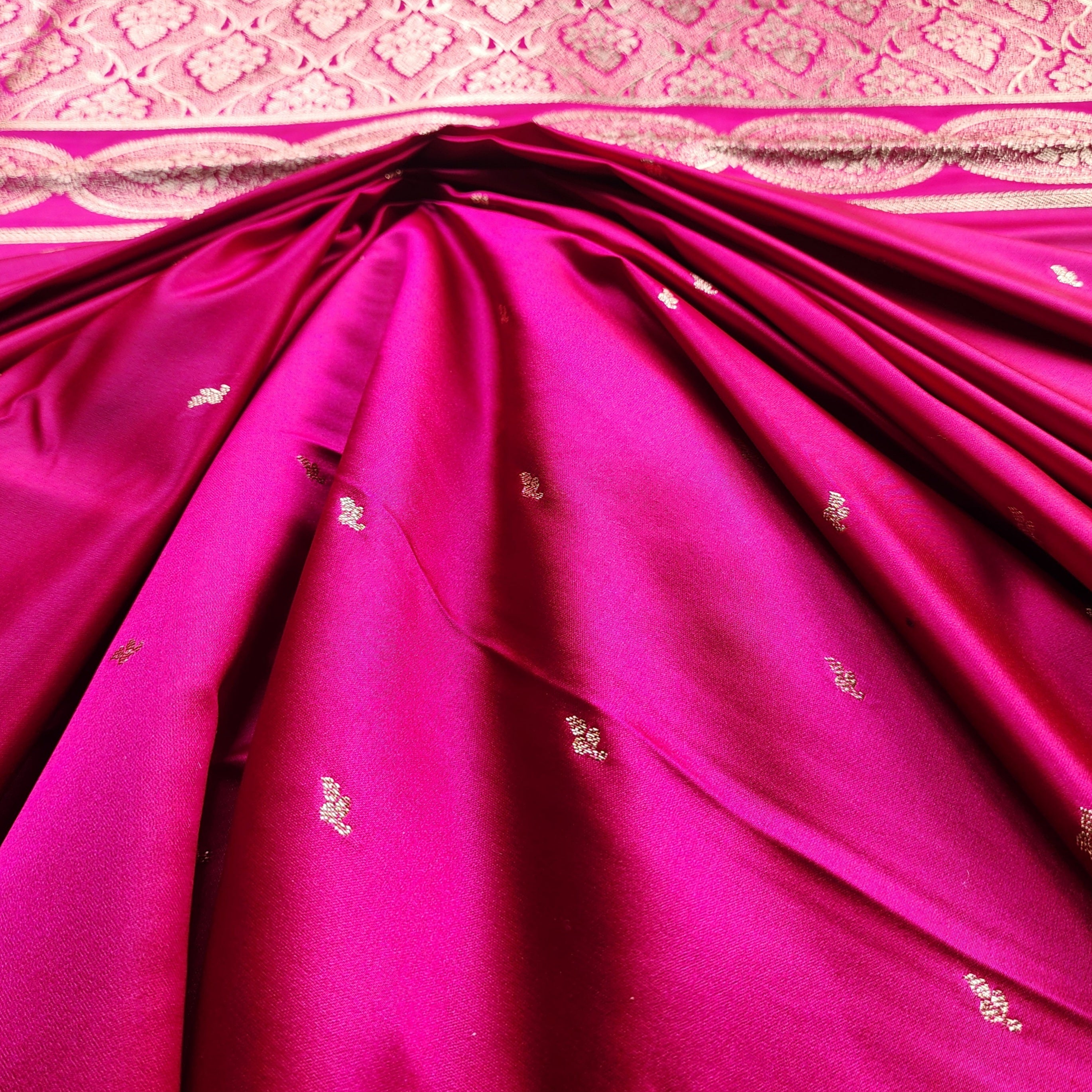Bright Pink Pure Banarasi Katan Silk Saree with Gold Zari Weaving