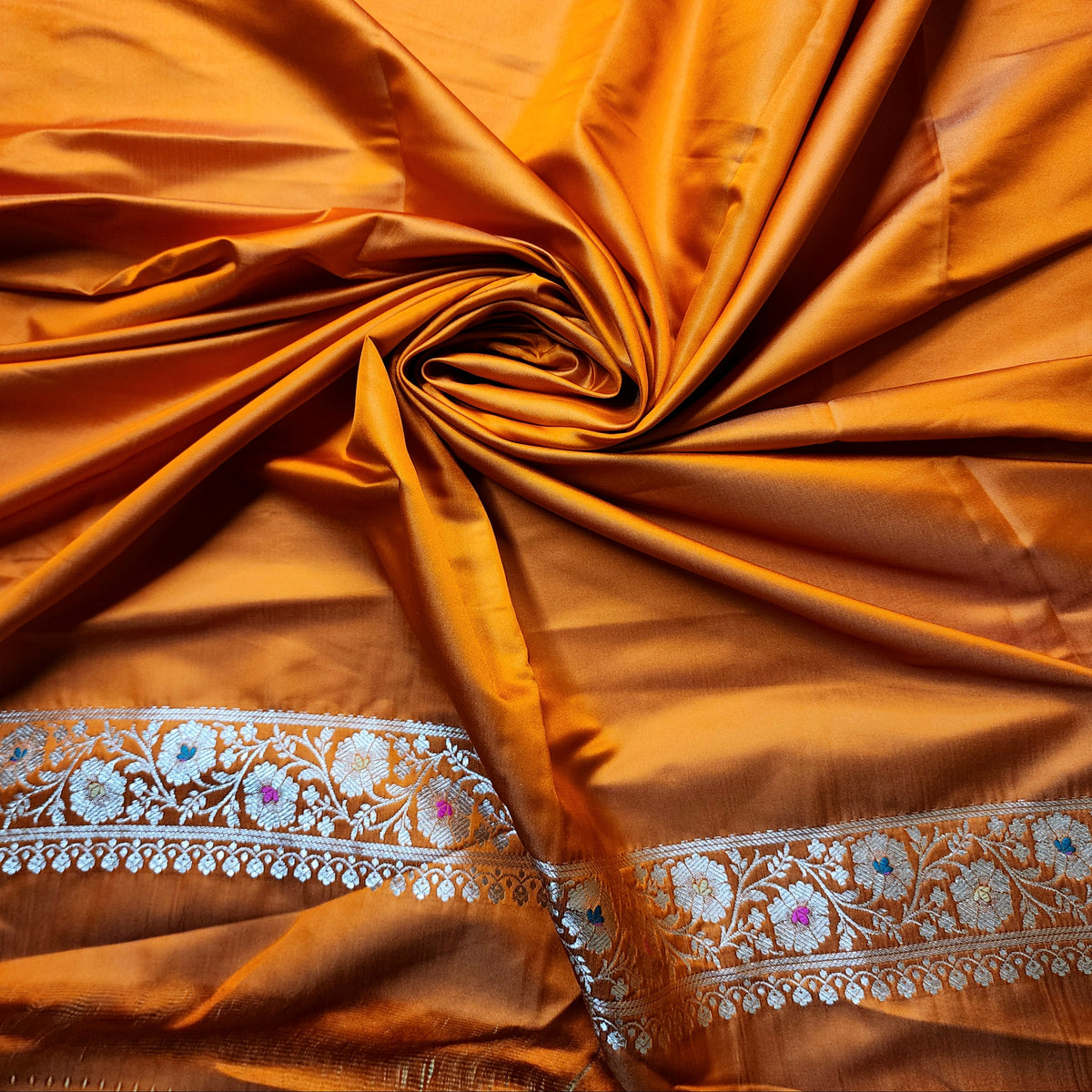 Orange Banarasi Katan Silk Saree with Multicolor Meenakari
