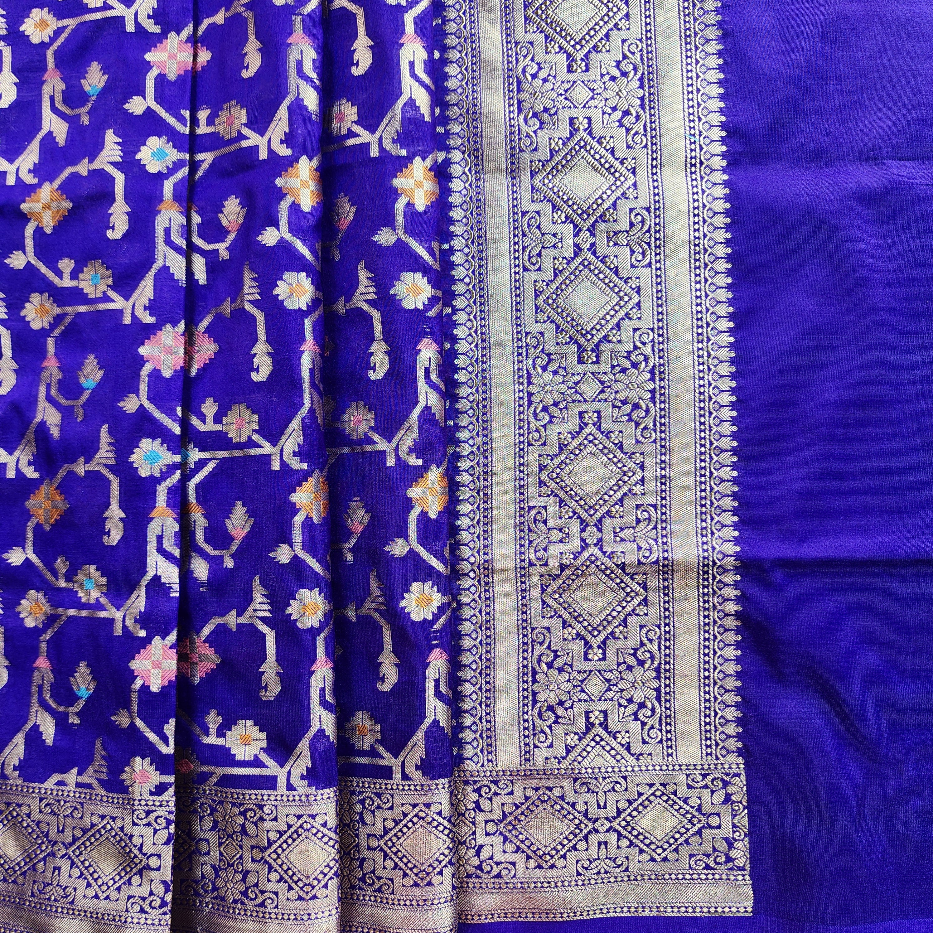 Golden Grid Banarasi Silk Dupatta with Meenakari Work in Electric Blue
