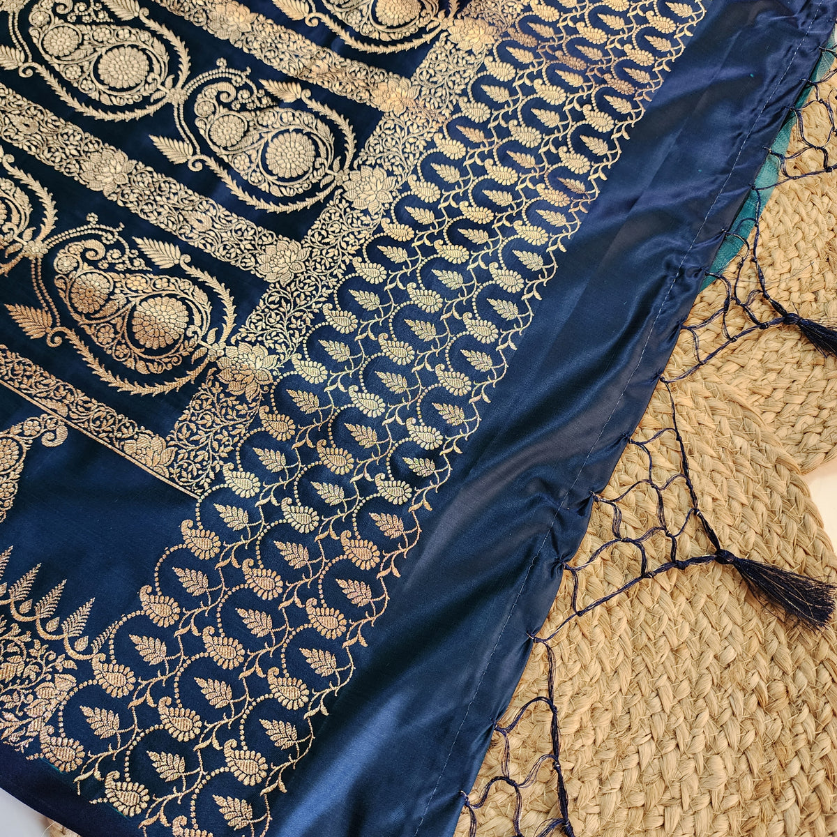 Midnight Blue Paisley Katan Silk Saree with Gold Zari