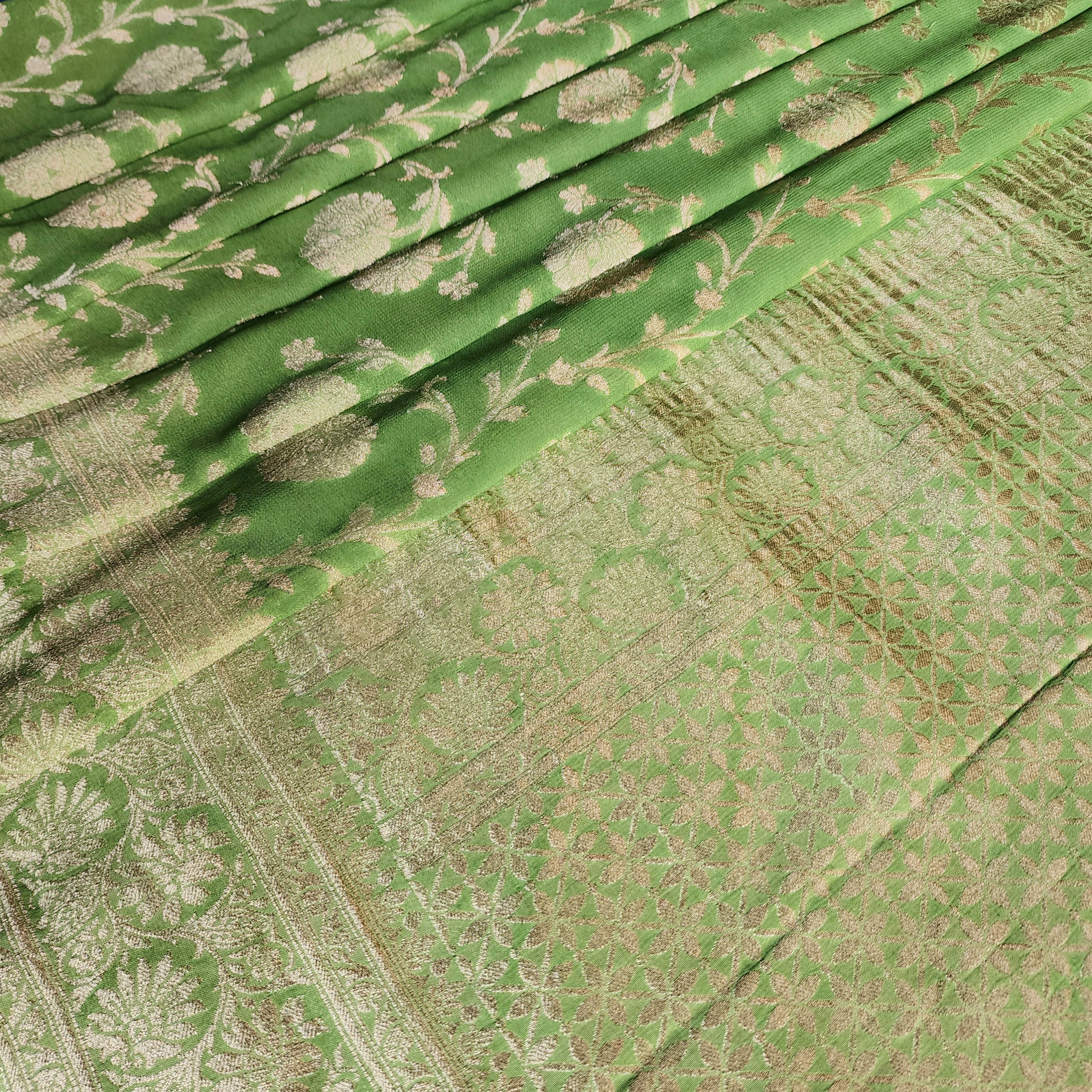 Khaddi Georgette Pure Banarasi Saree in Light Bottle Green