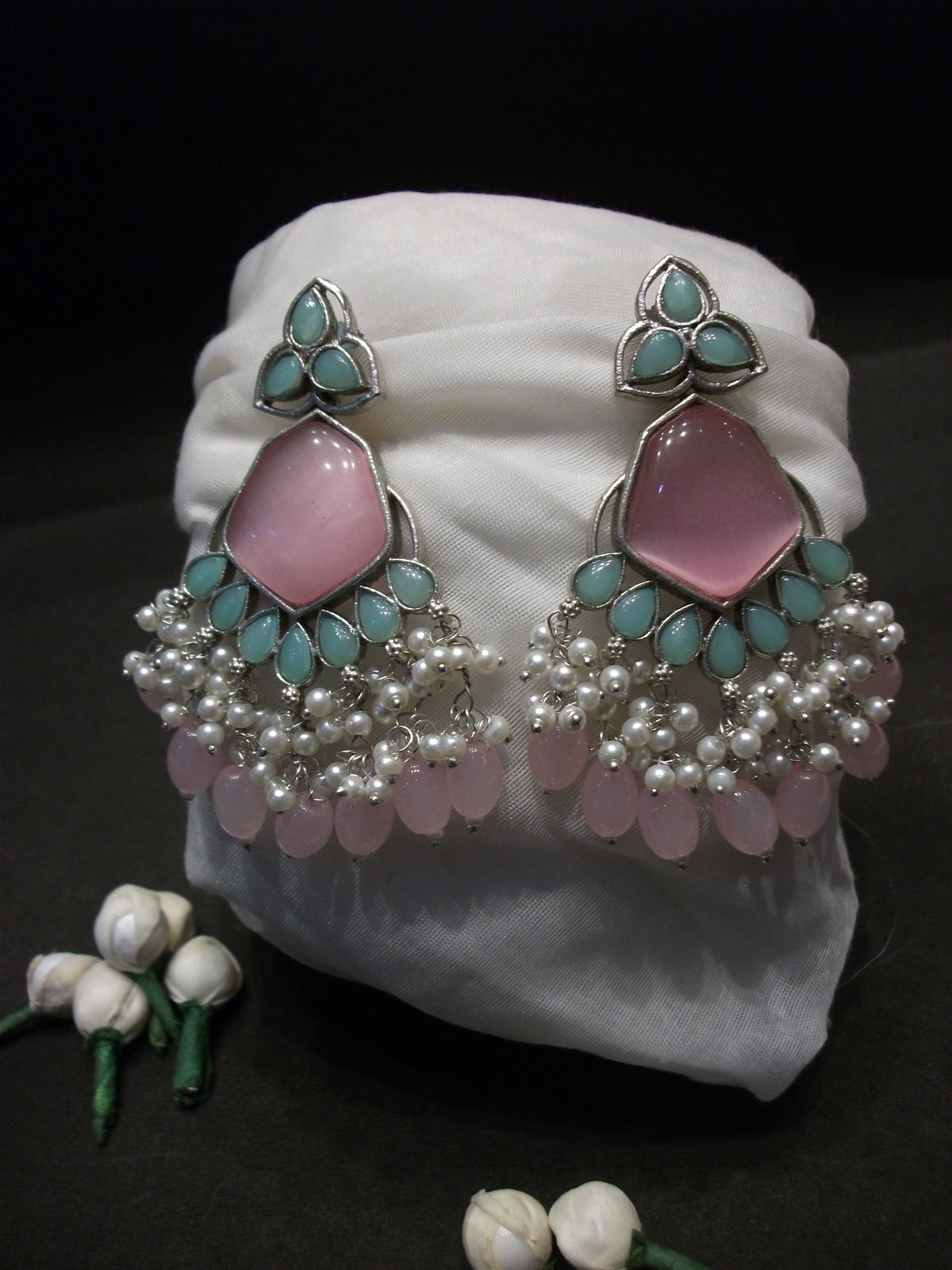 Pastel Pink & Mint Green Stone Cluster Statement Earrings with Pearl Beads