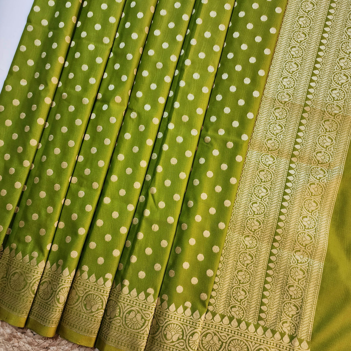 Olive Green Banarasi Silk Dupatta with Gold Polka Dot