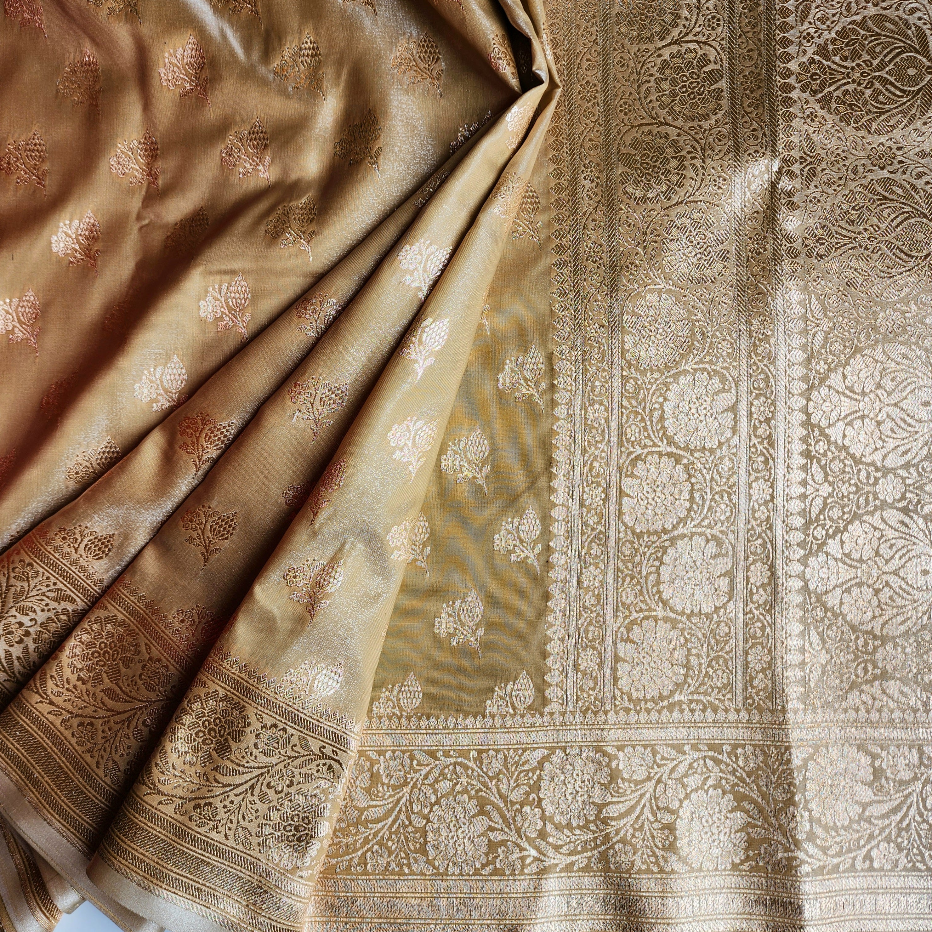 Rich Beige Gold Banarasi Silk Saree with Gold Zari Weaving