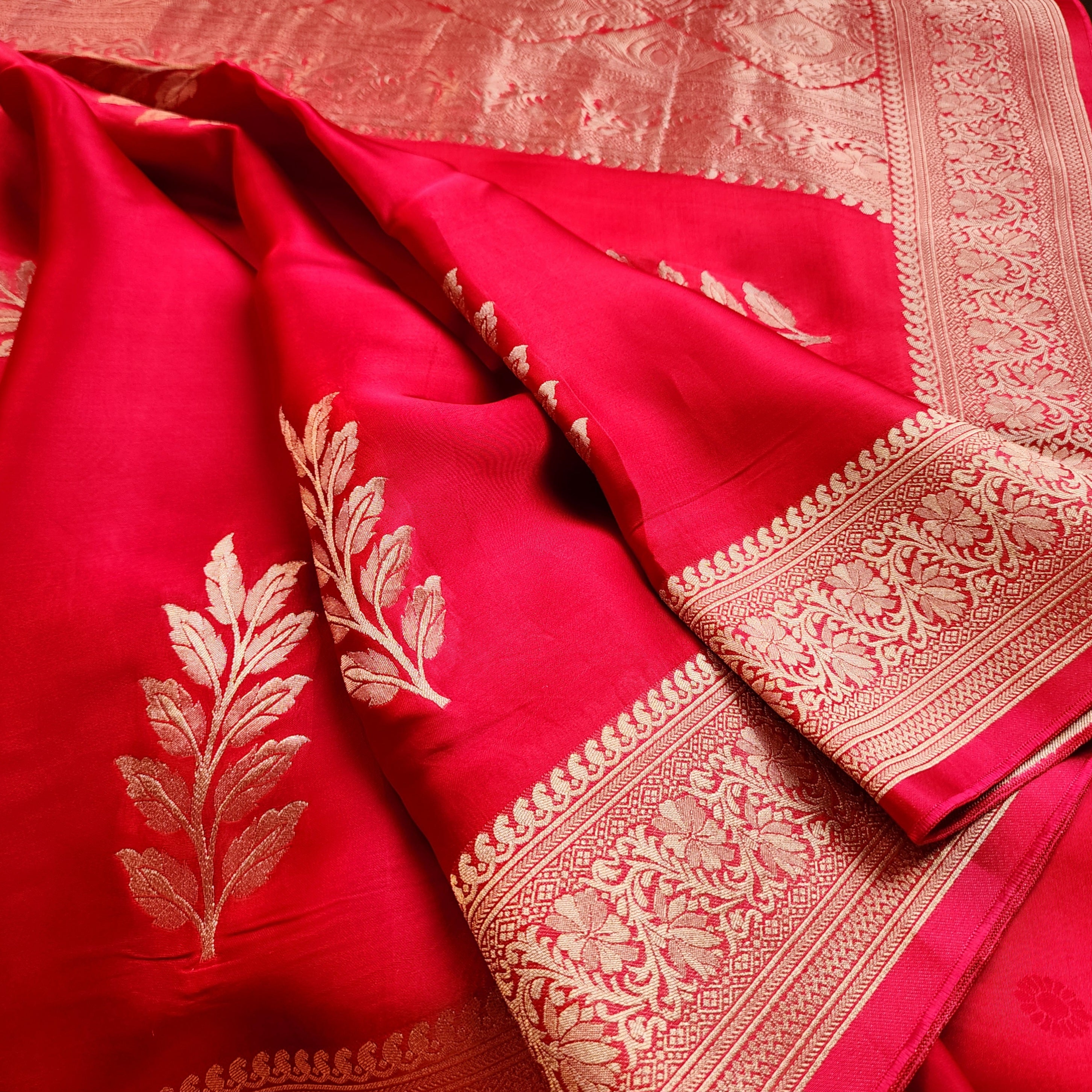Bright Red Mashru Katan Silk Saree with Gold Weave