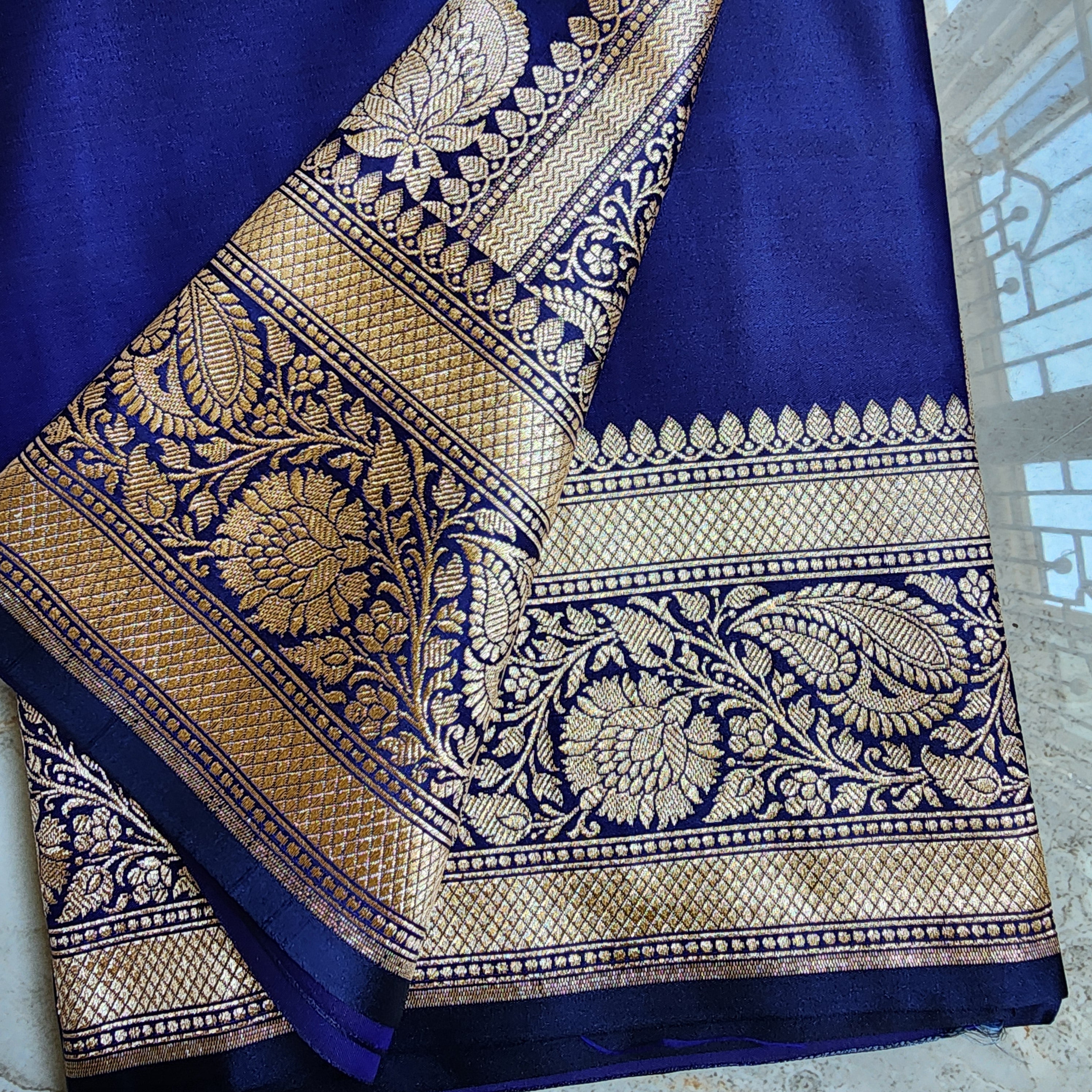 Royal Blue Pure Banarasi Katan Silk Saree with light Gold Zari Weaving