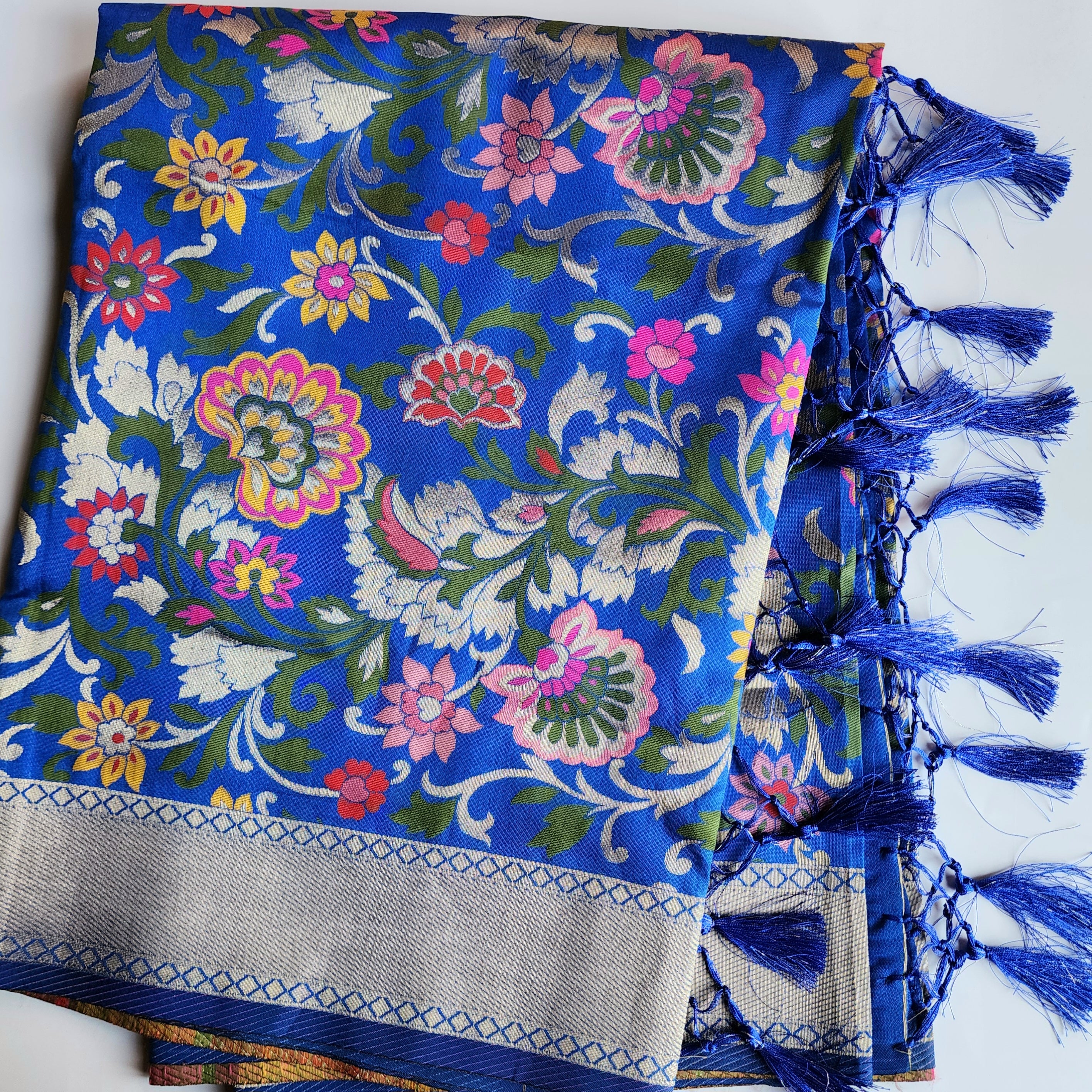 Banarasi Silk Royal Blue Dupatta with Multicolor & Gold Floral Handweaving