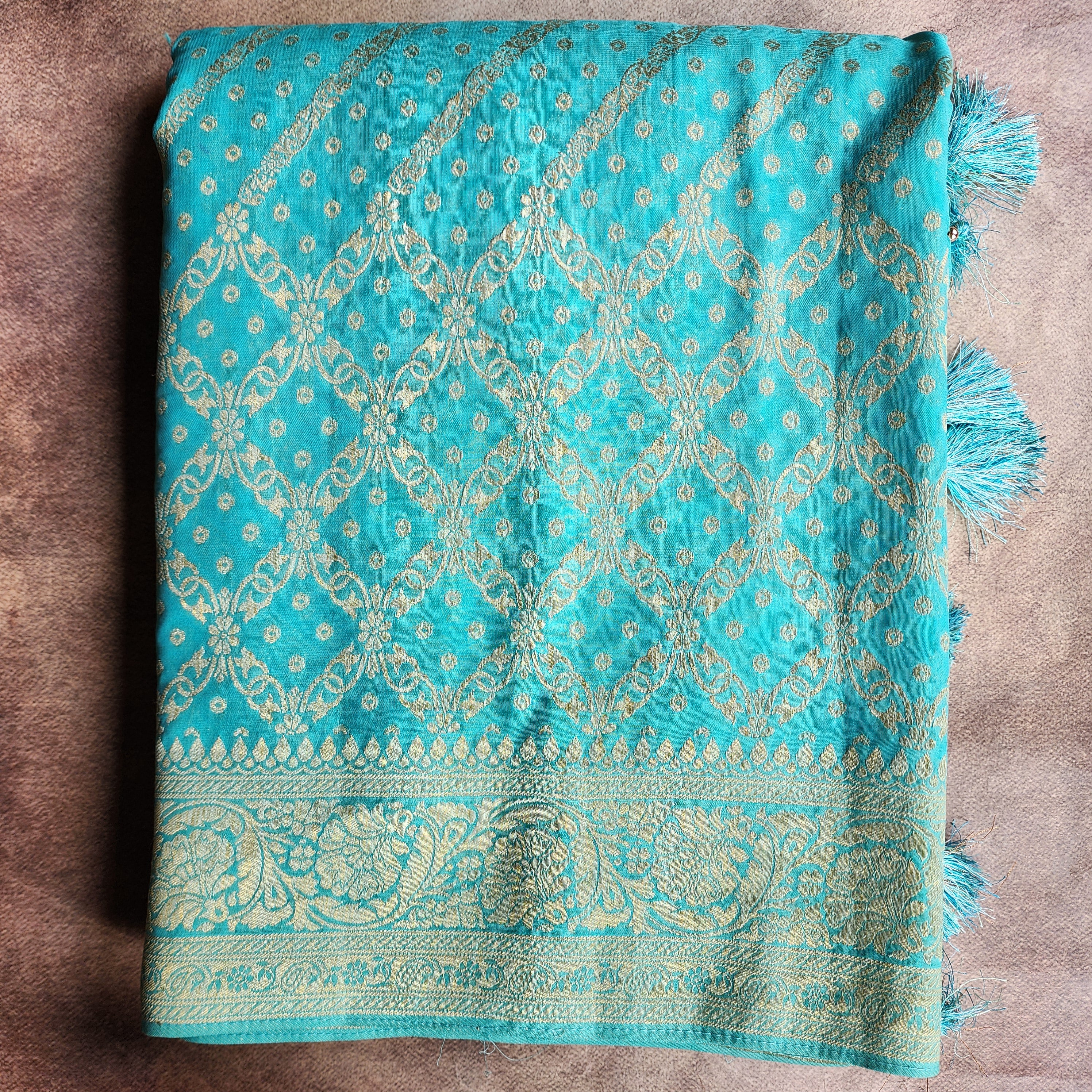 Turquoise Pure Khaddi Georgette Banarasi Saree with Golden Zari