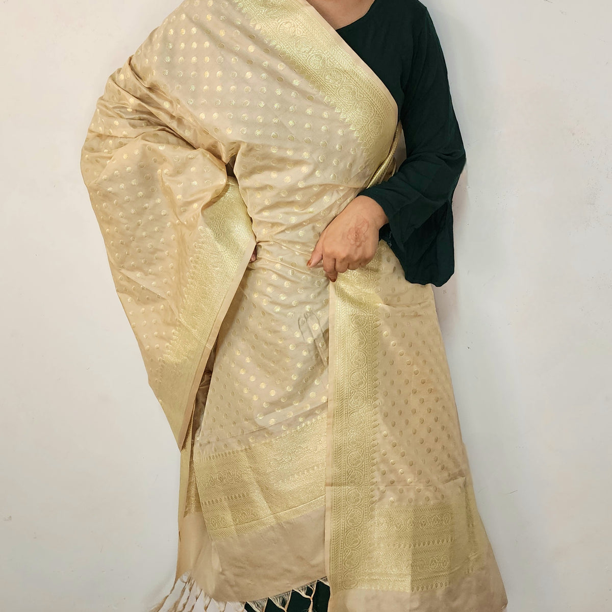 Champagne Beige Banarasi Silk Dupatta with Gold Polka Dot