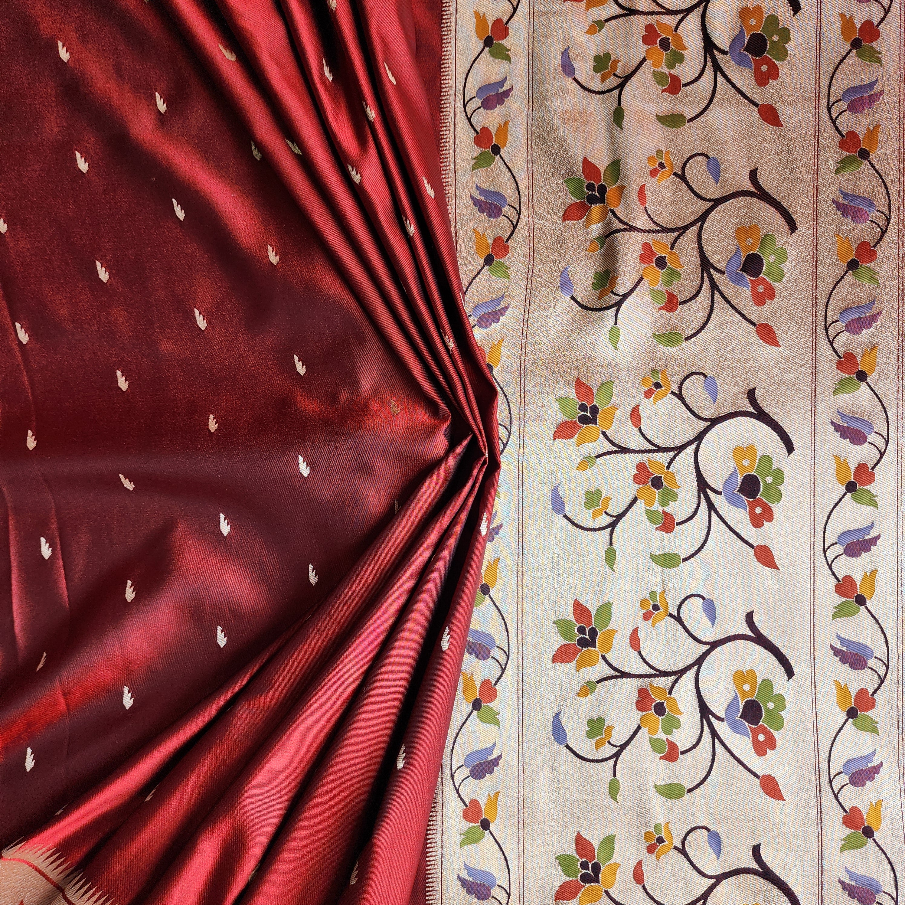 Raahi - Maroon Paithani Silk Saree with Stitched Blouse