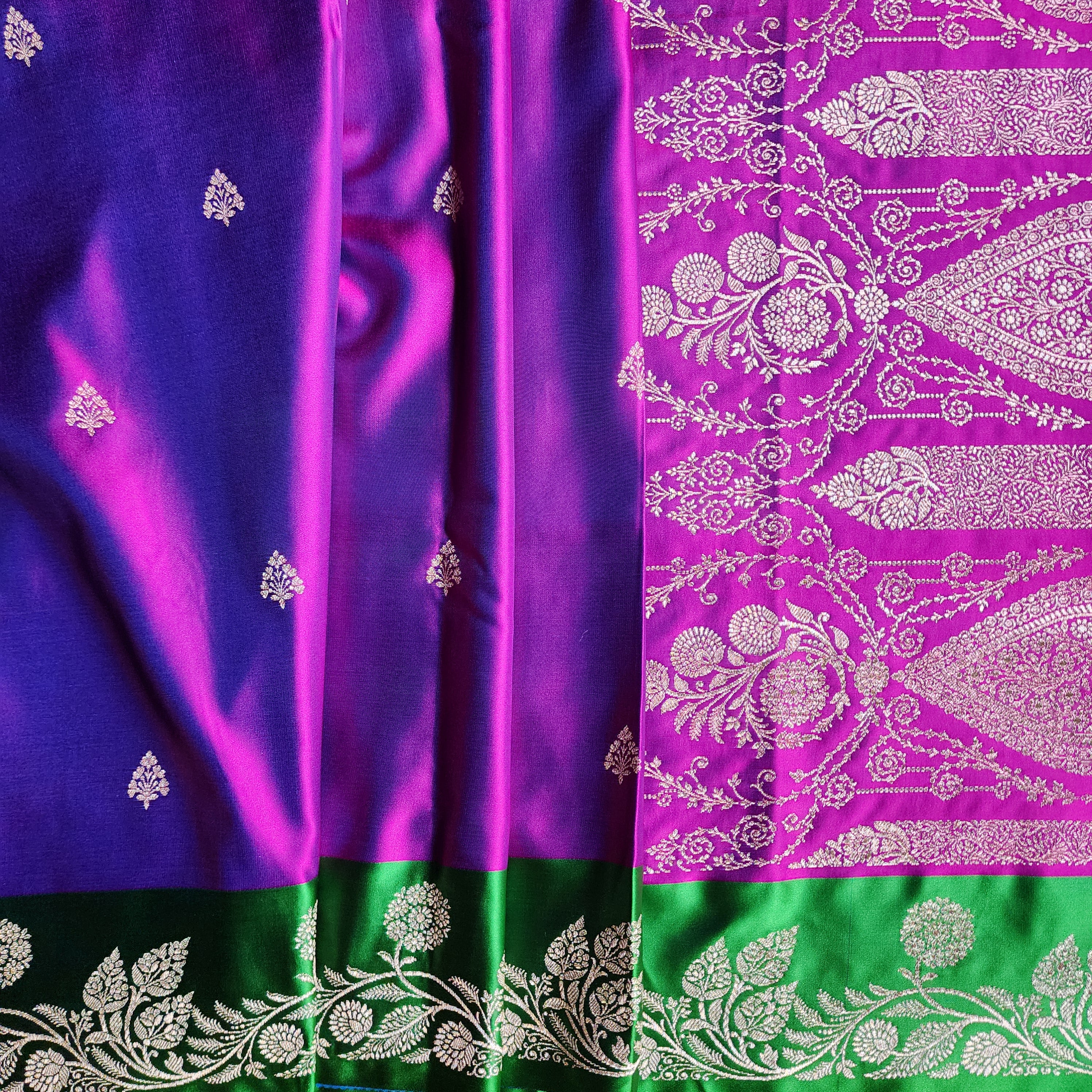 Royal Purple Pure Banarasi Katan Silk Saree with Leaf Green Border