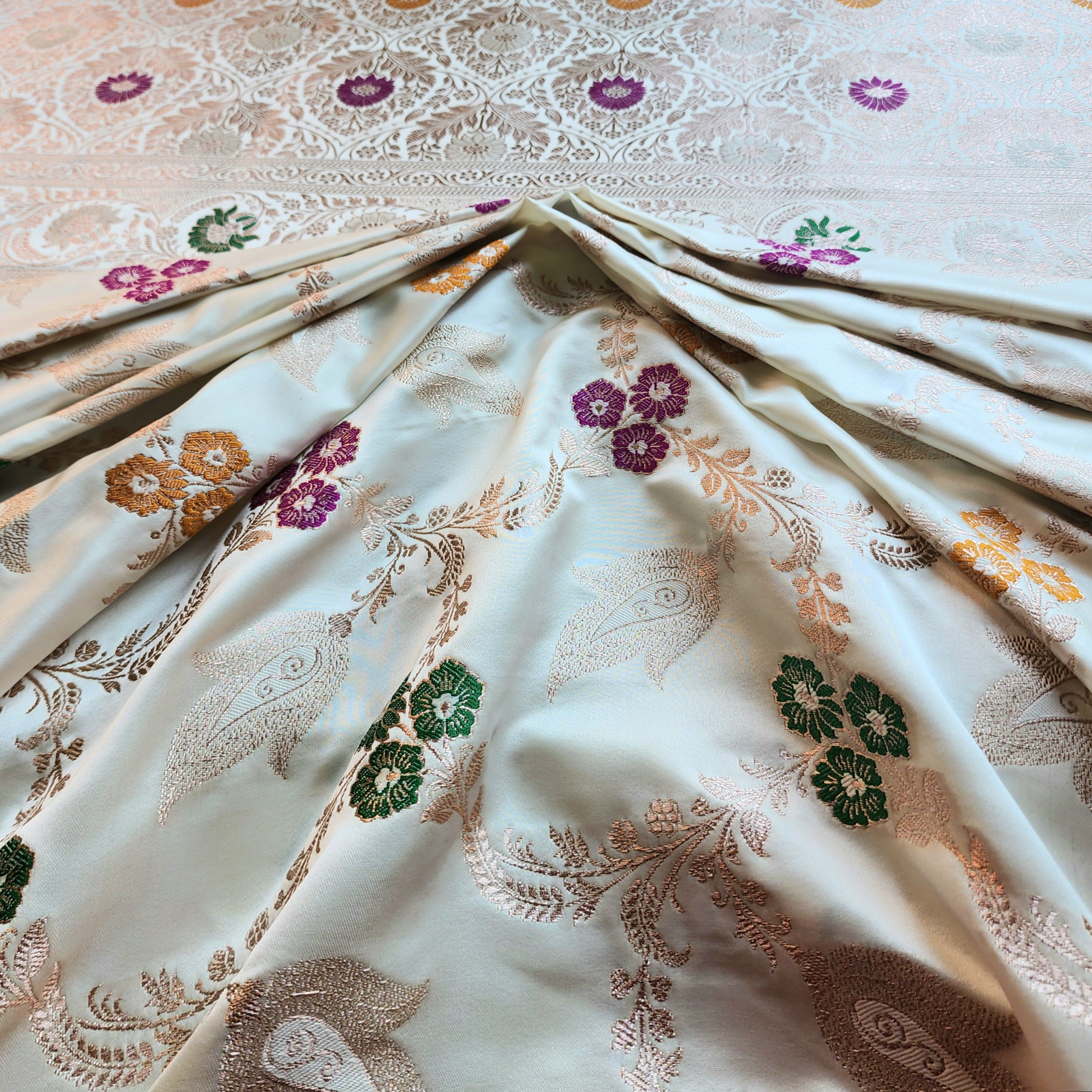 Enriched White Banarasi Katan Silk Saree with Multicolor Meenakari Floral Jaal