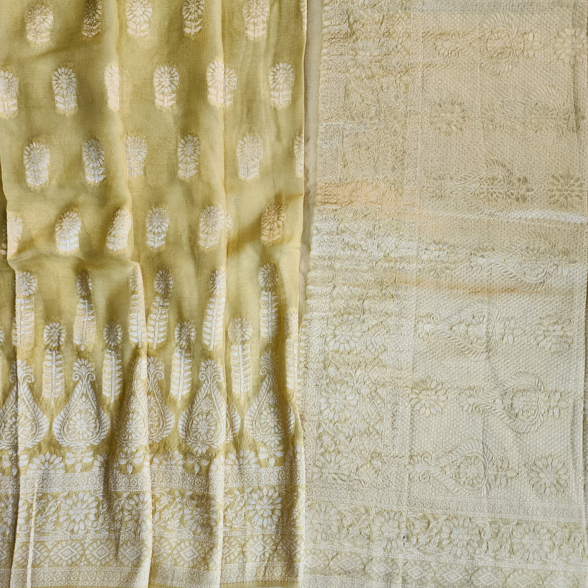 Yellow Khaddi Georgette Pure Banarasi Saree with Gold Zari