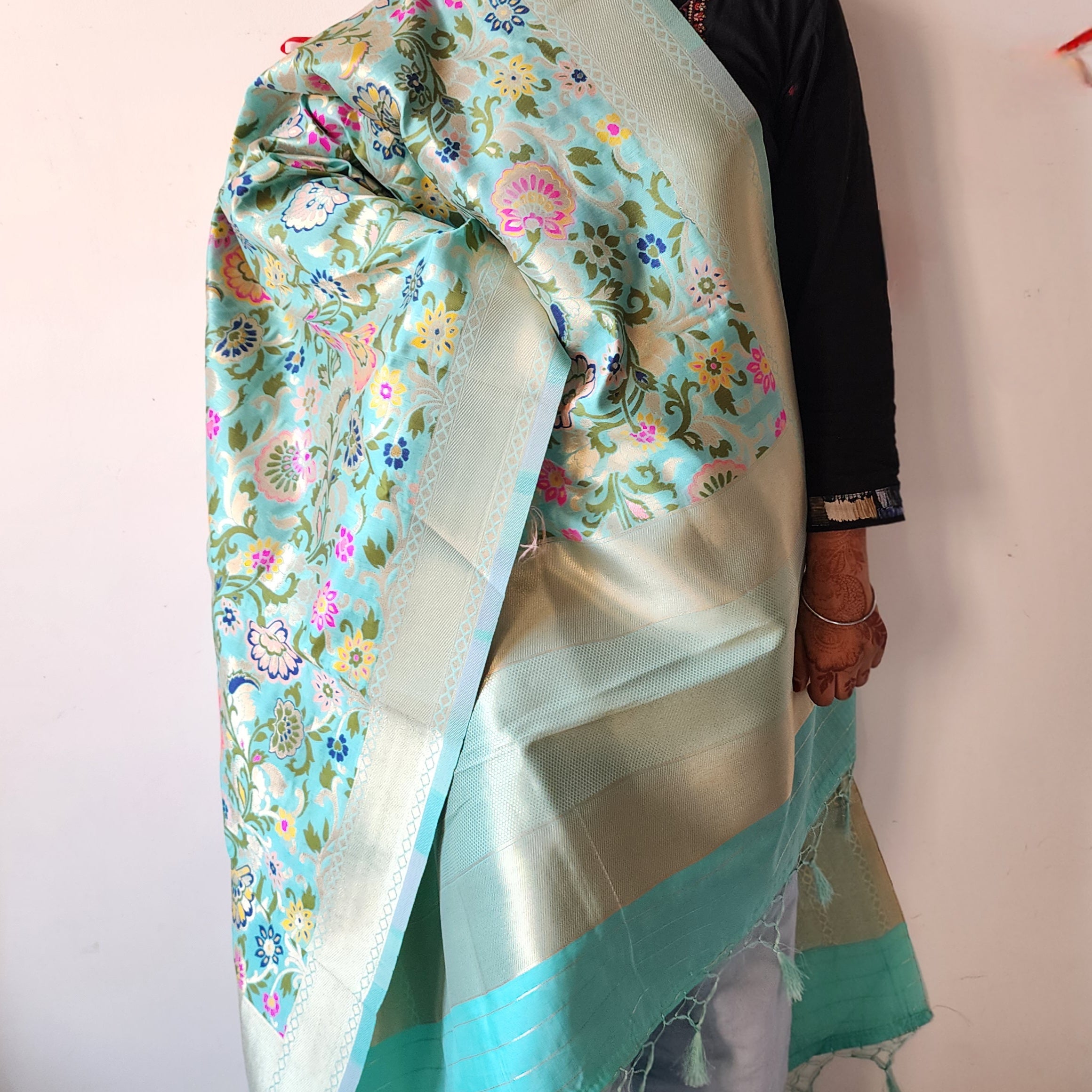 Banarasi Silk Aqua Blue Dupatta with Multicolor & Gold Floral Handweaving
