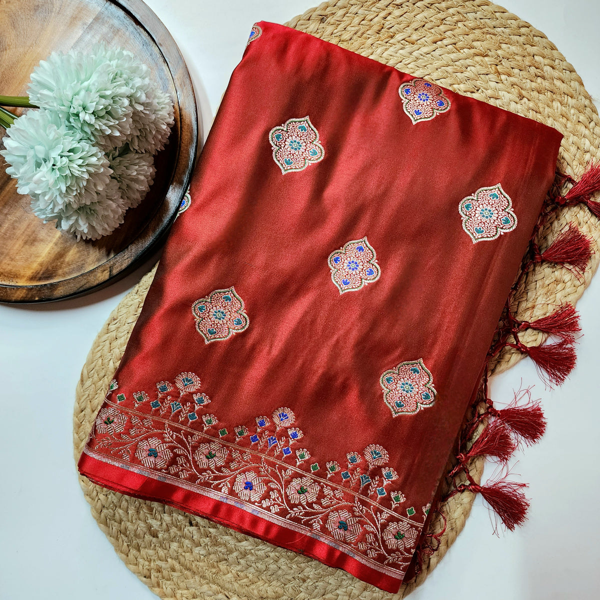 Red Banarasi Katan Silk Saree with Multicolor Meenakari Floral Jaal