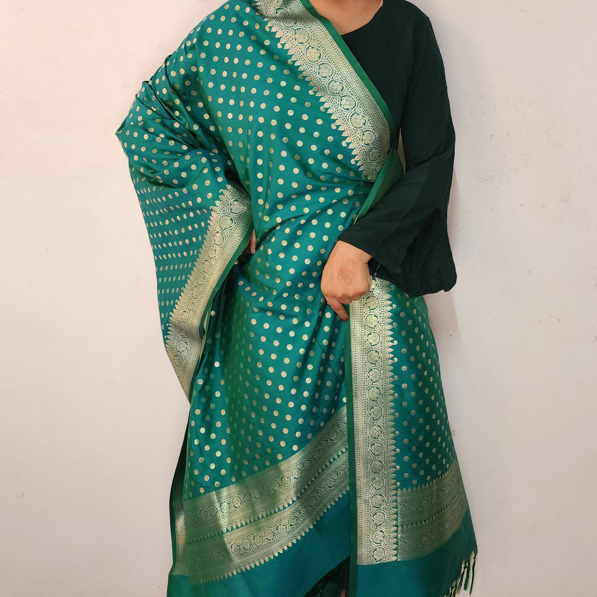Teal Green Banarasi Silk Dupatta with Gold Polka Dot