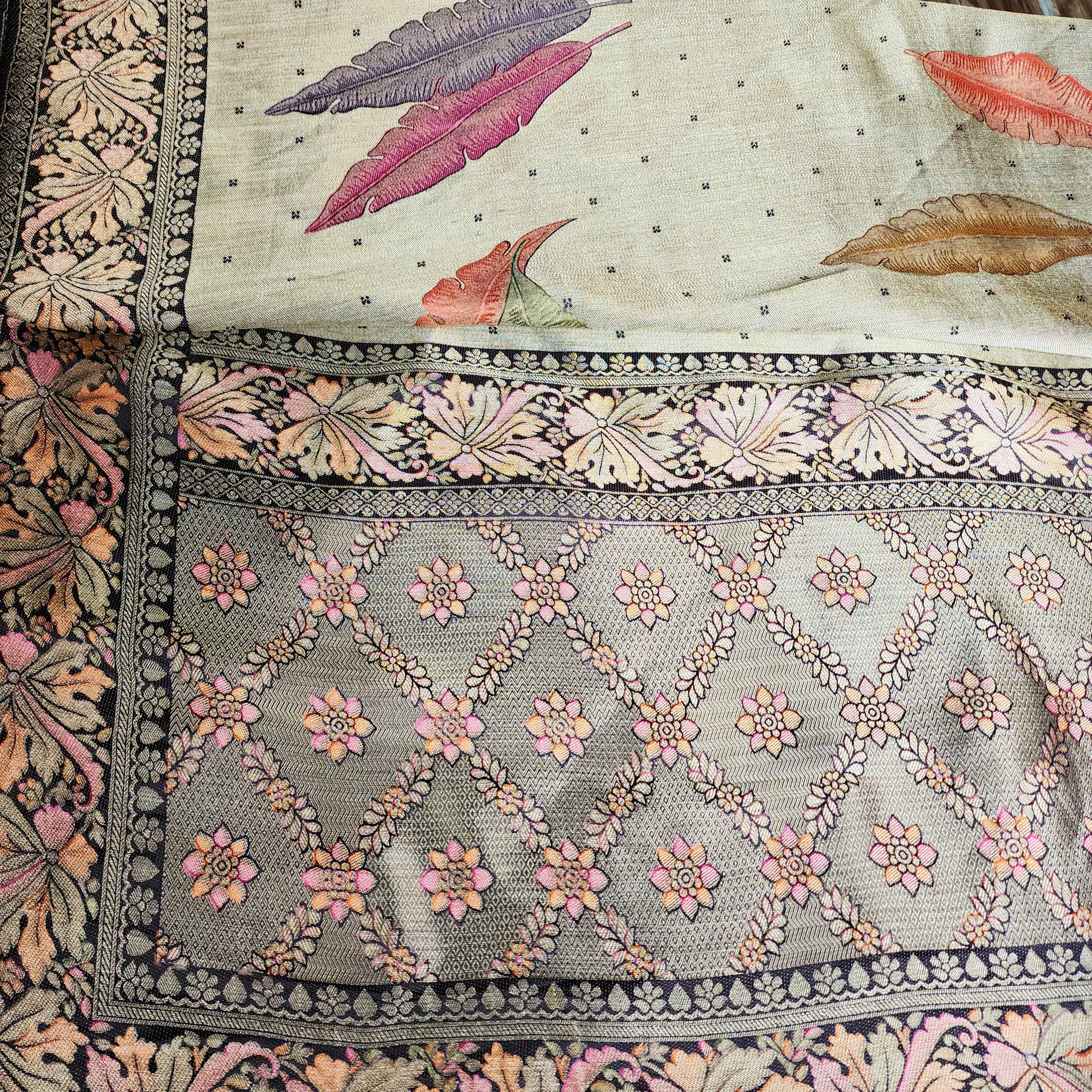Dove Grey Tissue Silk Saree with Artistic Leaf Motifs
