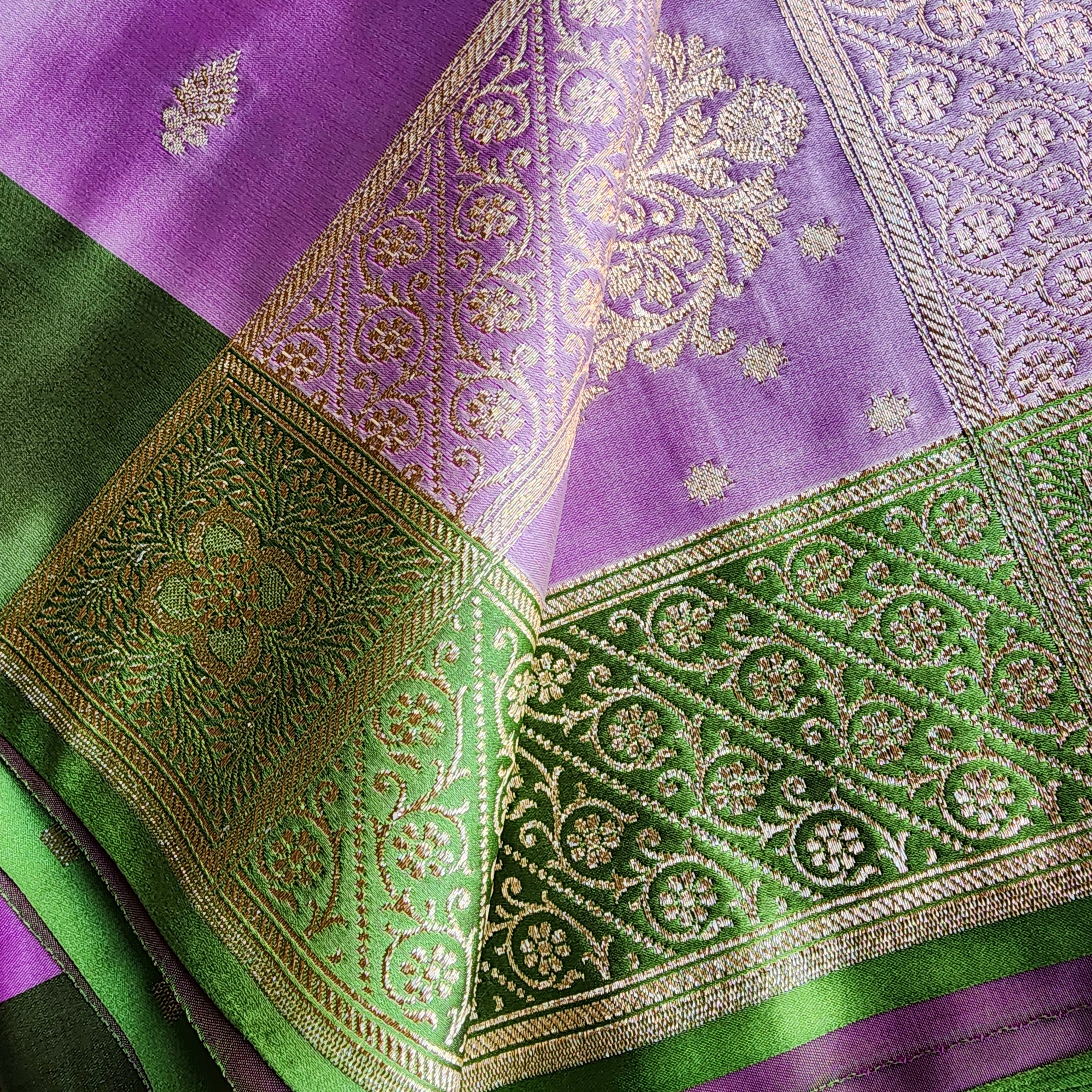 Lavender Katan Silk Saree with Parrot Green Gold Zari Border