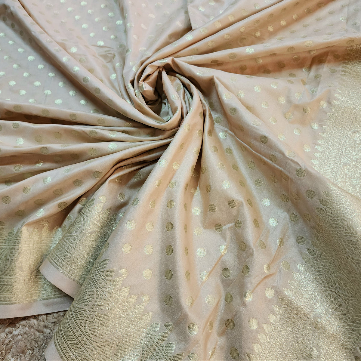 Champagne Beige Banarasi Silk Dupatta with Gold Polka Dot