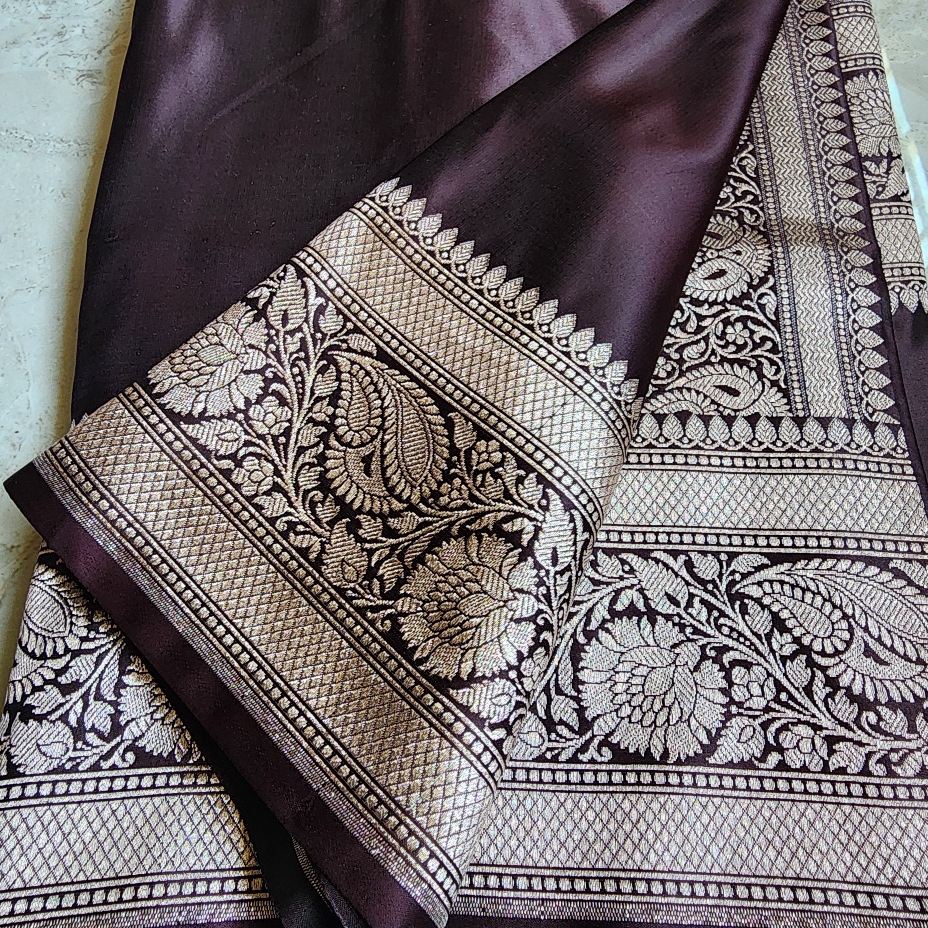 Mulberry Wine Pure Banarasi Katan Silk Saree with light Gold Zari Weaving