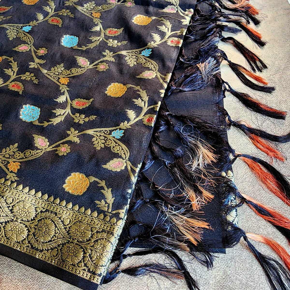 Black Banarasi Silk Dupatta with Gold Zari Border & Multicolor Meenakari Work