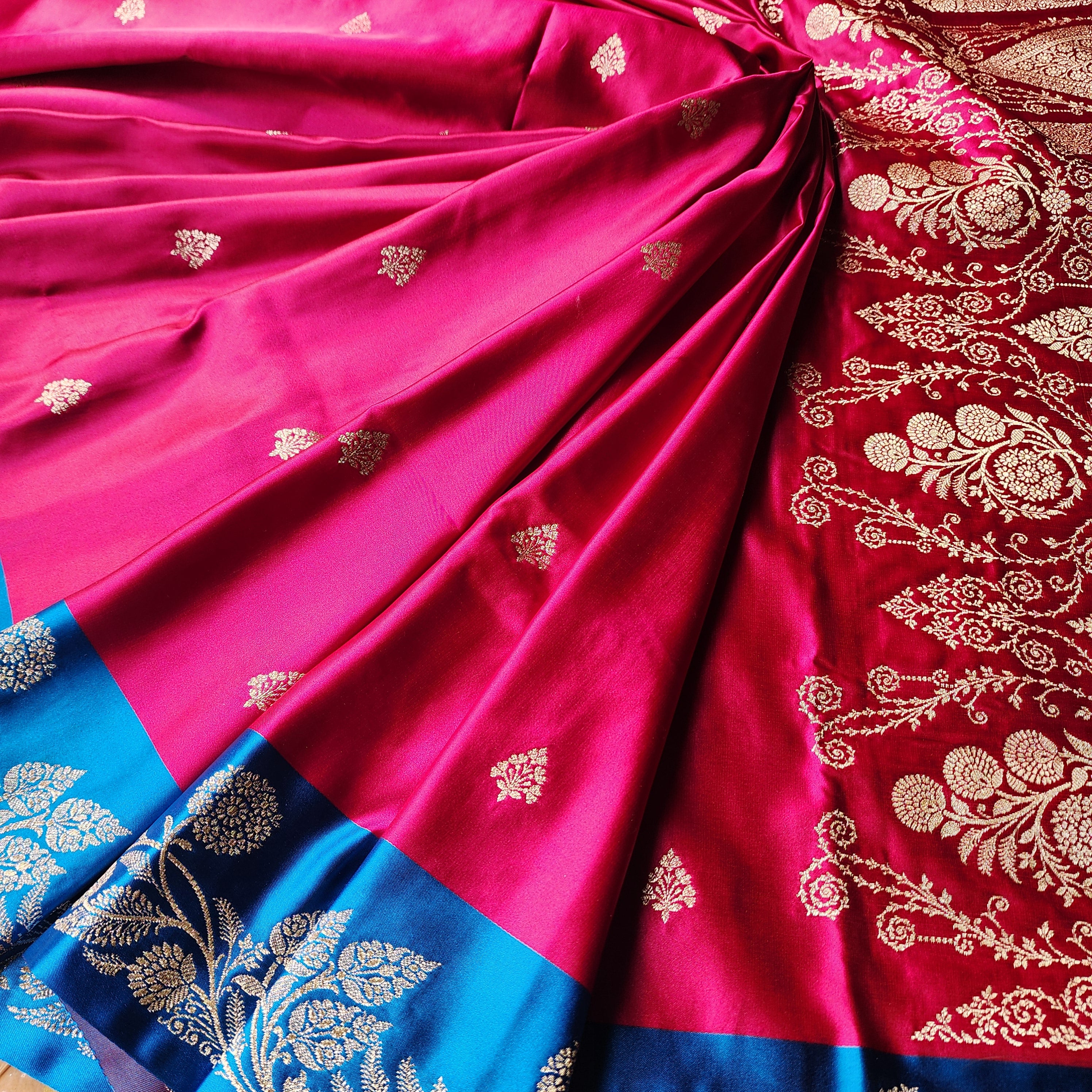 Rani Red Pure Banarasi Katan Silk Saree with Cobalt Blue Border