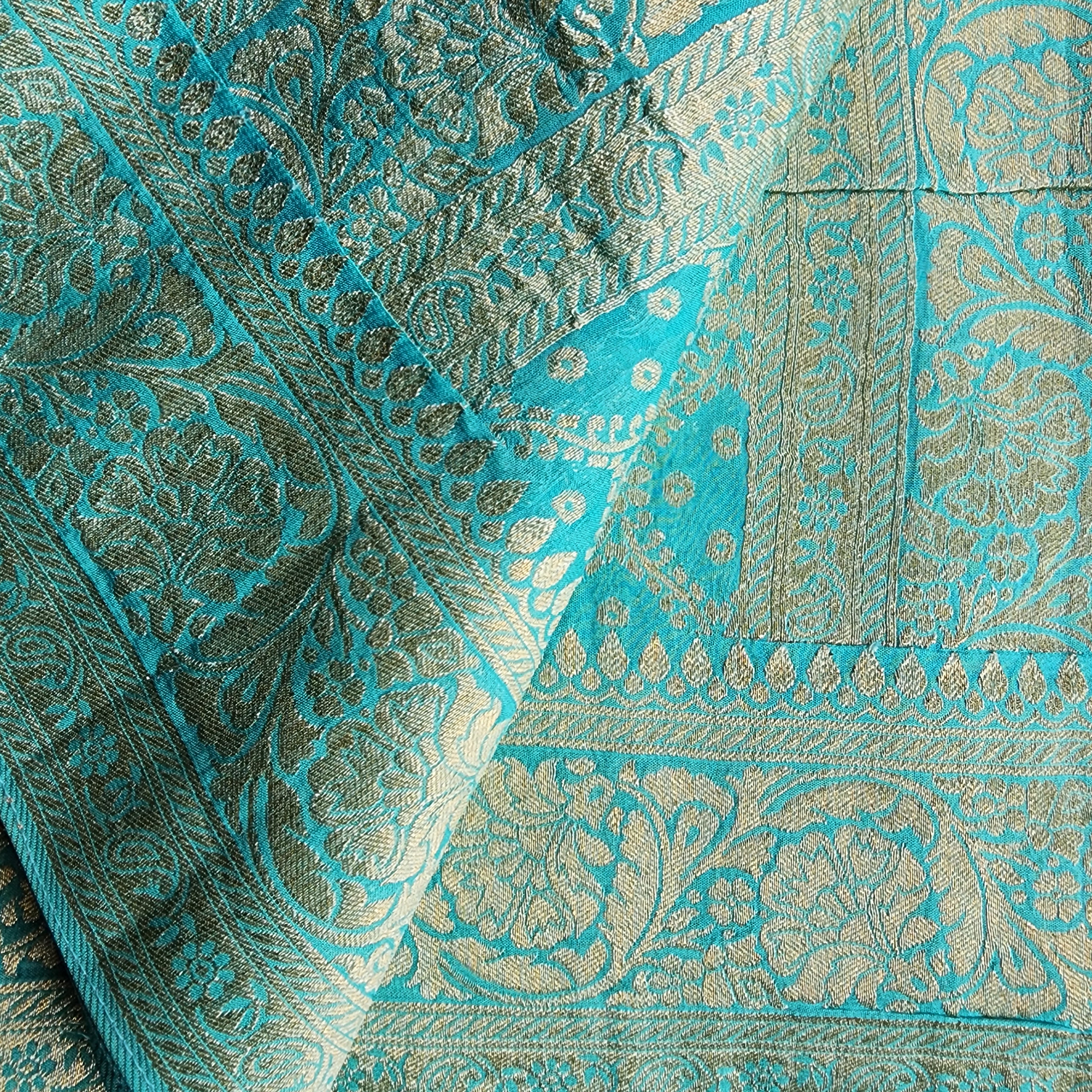 Turquoise Pure Khaddi Georgette Banarasi Saree with Golden Zari