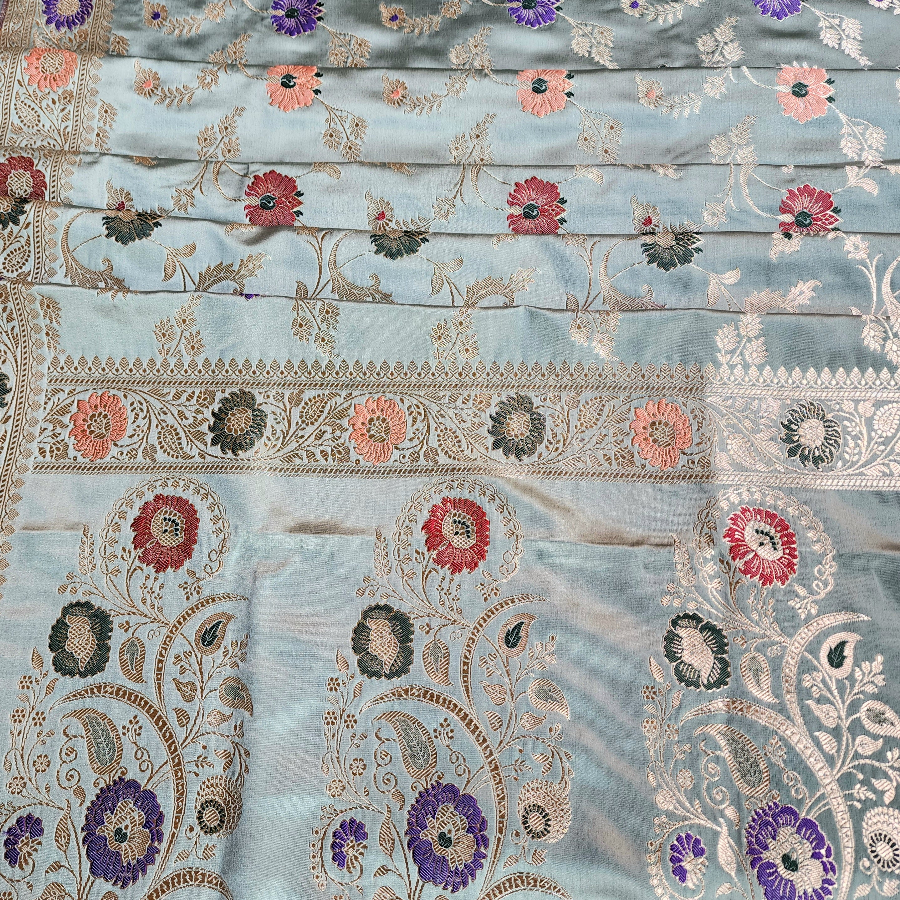 Enriched Banarasi Katan Silk Saree | Sea Green Multicolor Meenakari Floral Jaal