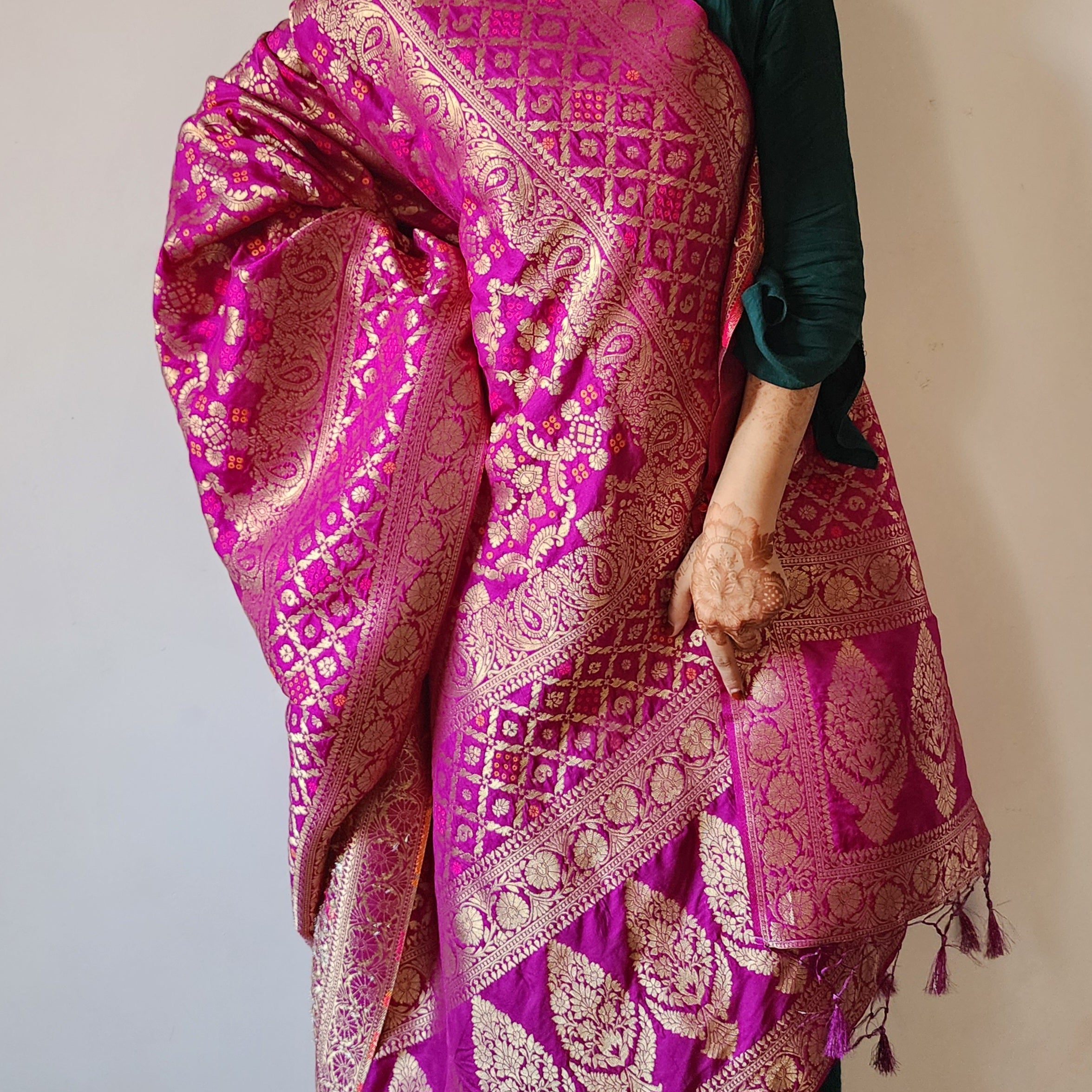Berry Purple Bandhani Dupatta with Floral and Geometric Zari Weave