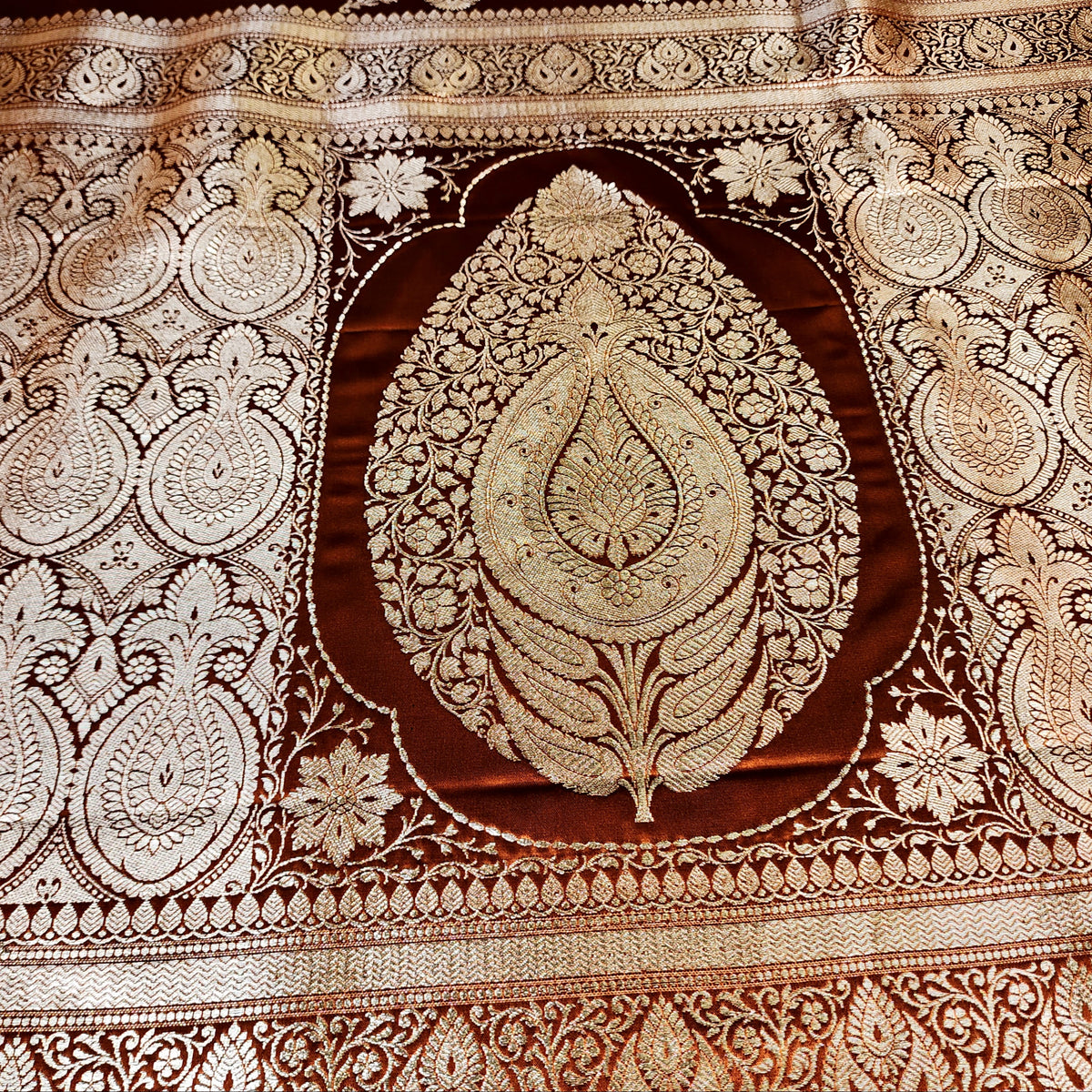 Rich Burnt Copper Pure Banarasi Katan Silk Saree with light Gold Zari Weaving