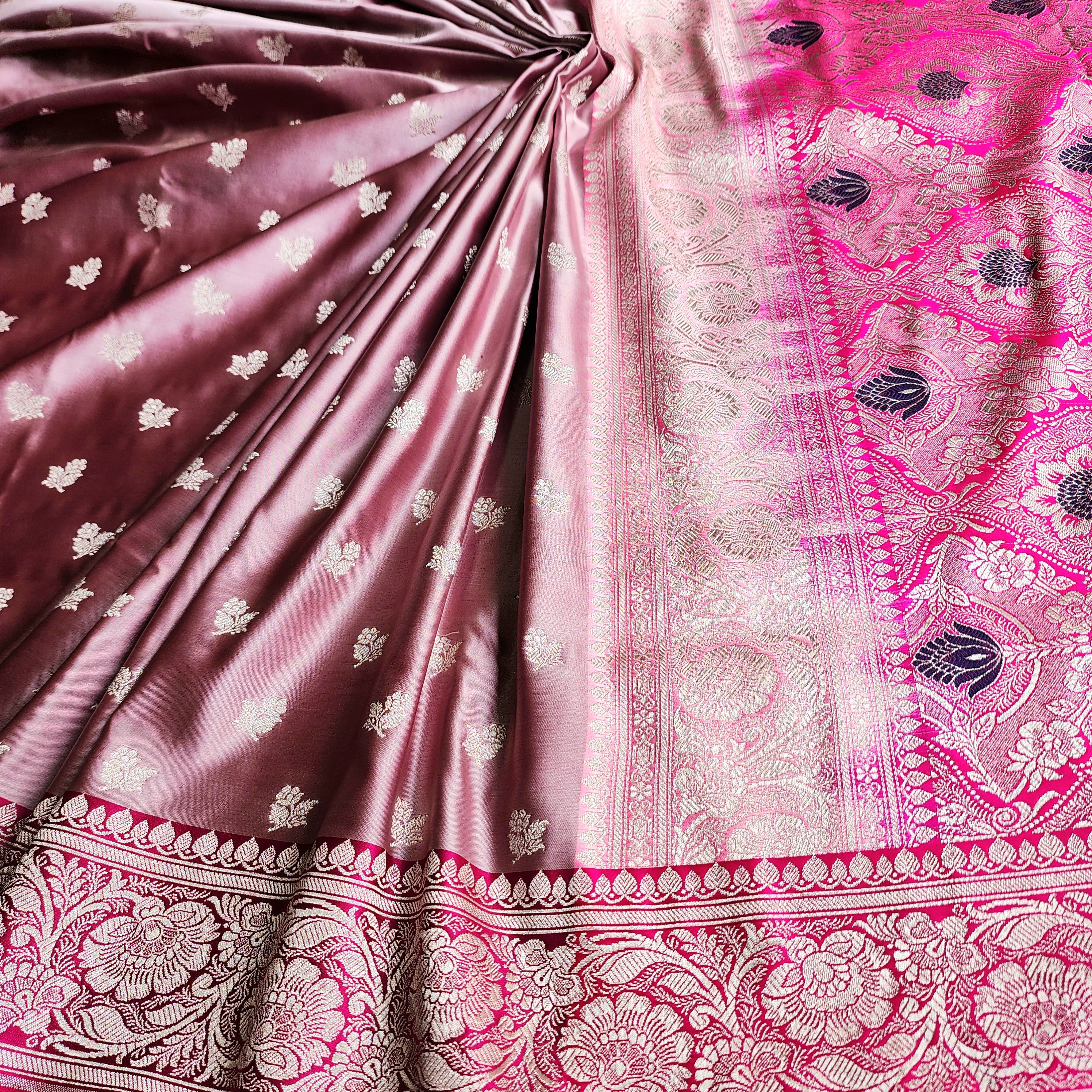 Dusty Mauve Pure Banarasi Katan Silk Saree with light Gold Zari Weaving