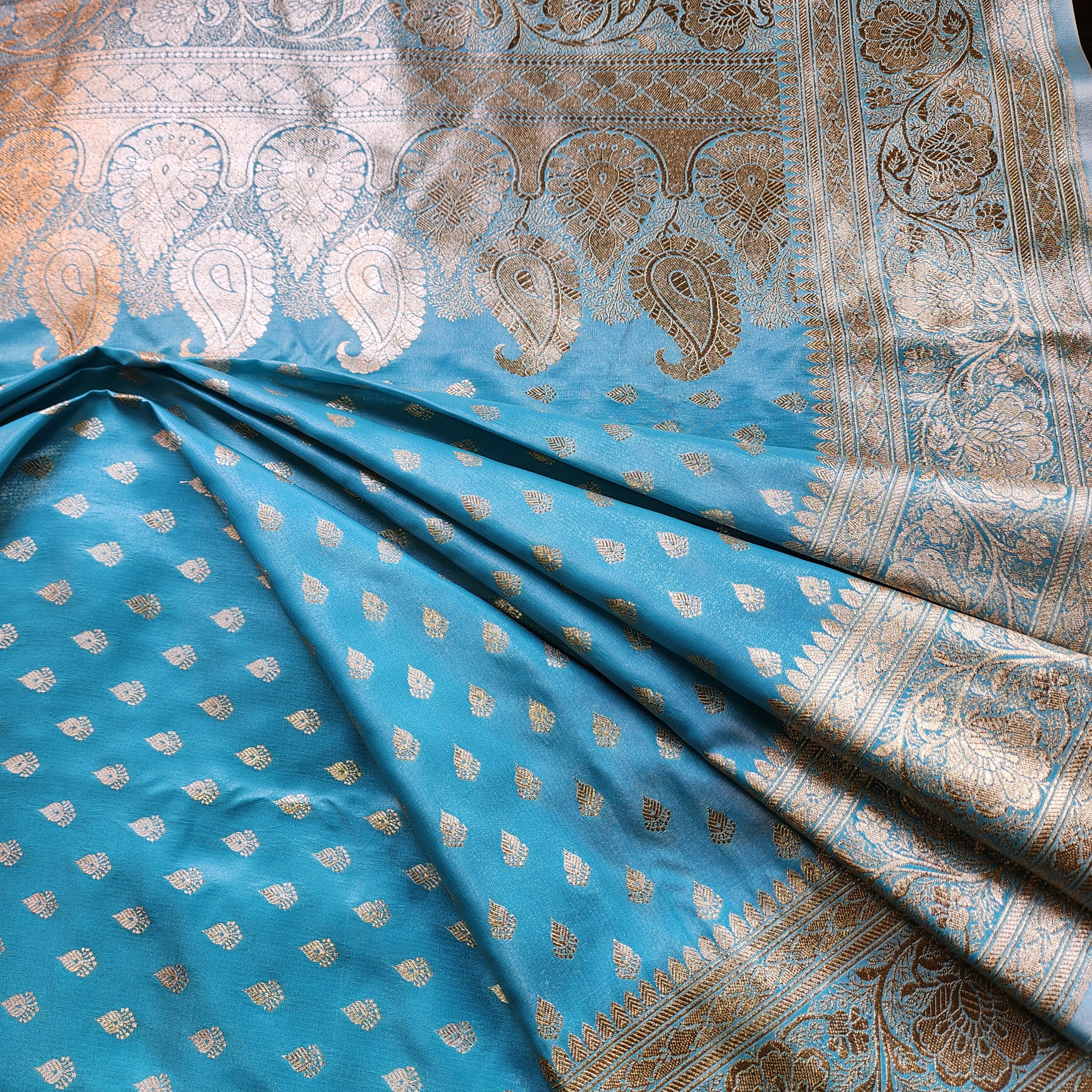 Rich Sky Blue Banarasi Silk Saree with Gold Zari Weaving