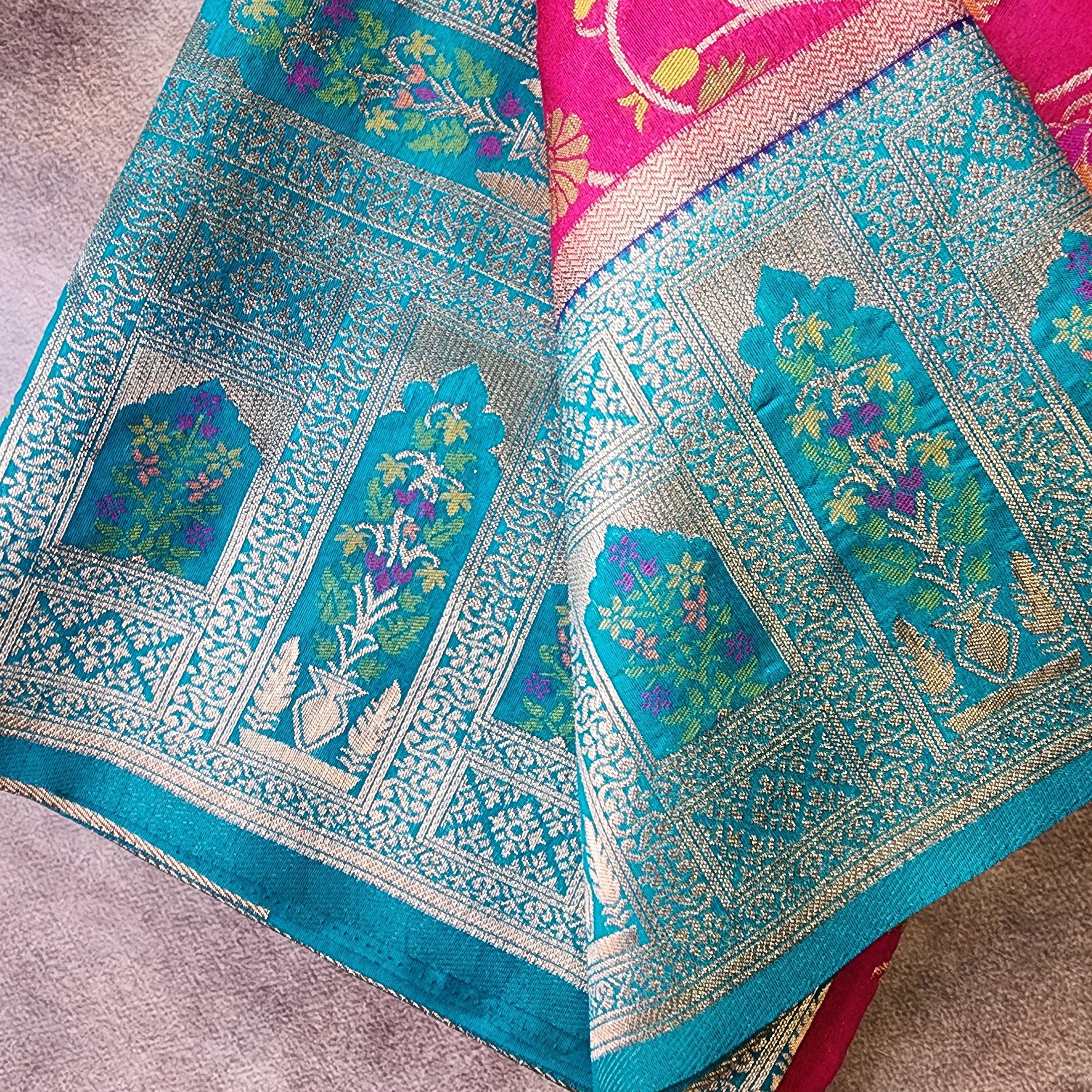 Rani Pink Dupion Patola with Turquoise Blue Border & Heavy Gold Zari
