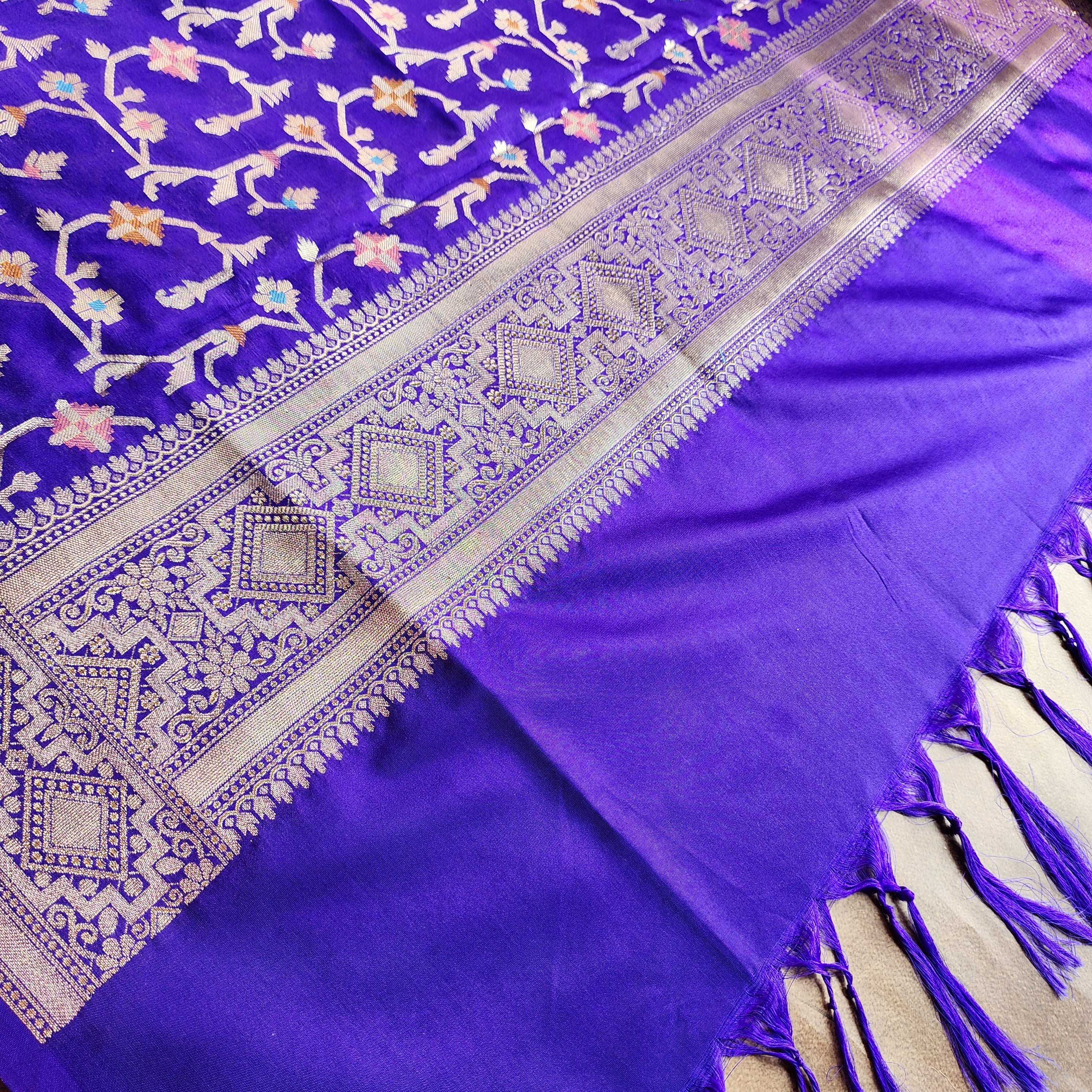 Golden Grid Banarasi Silk Dupatta with Meenakari Work in Electric Blue