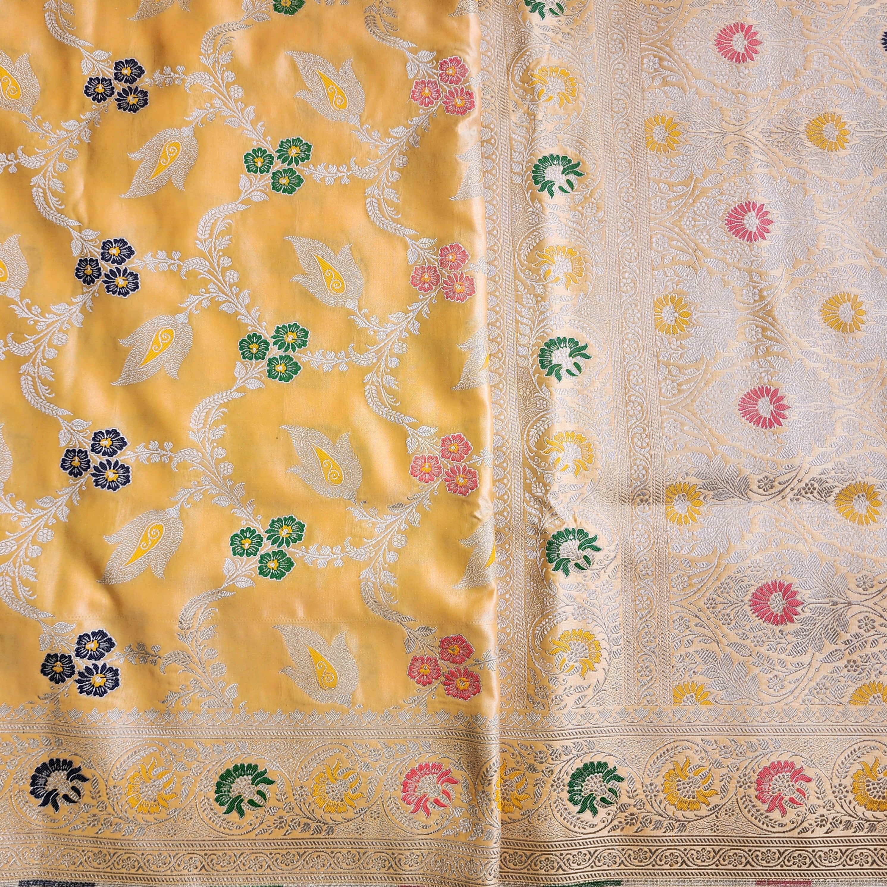 Enriched Light Orange Banarasi Katan Silk Saree with Multicolor Meenakari Floral Jaal